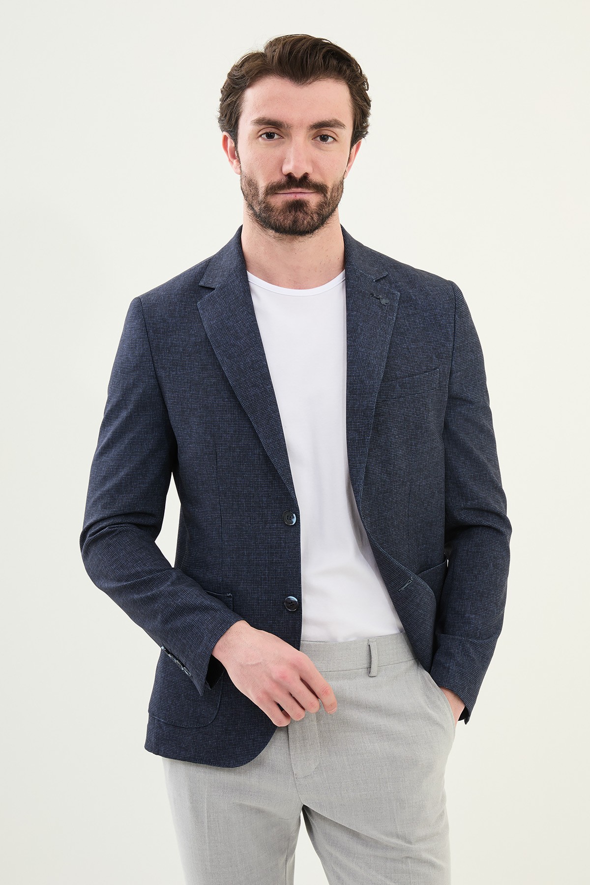 Desenli Slim Fit Torba Cep Mono Yaka Erkek Ceket - Lacivert