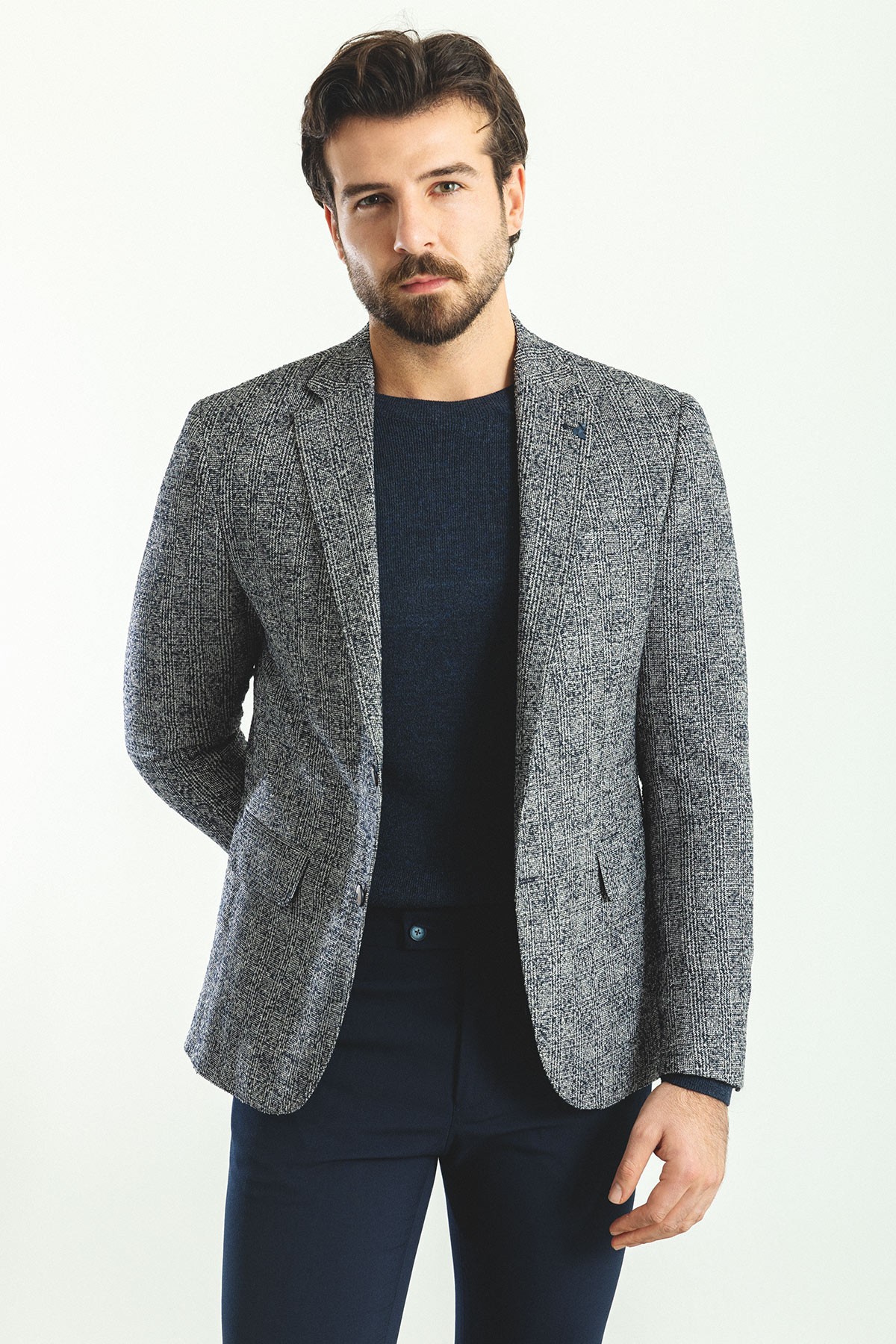 Ekoseli Slim Fit Mono Yaka Yün Erkek Ceket