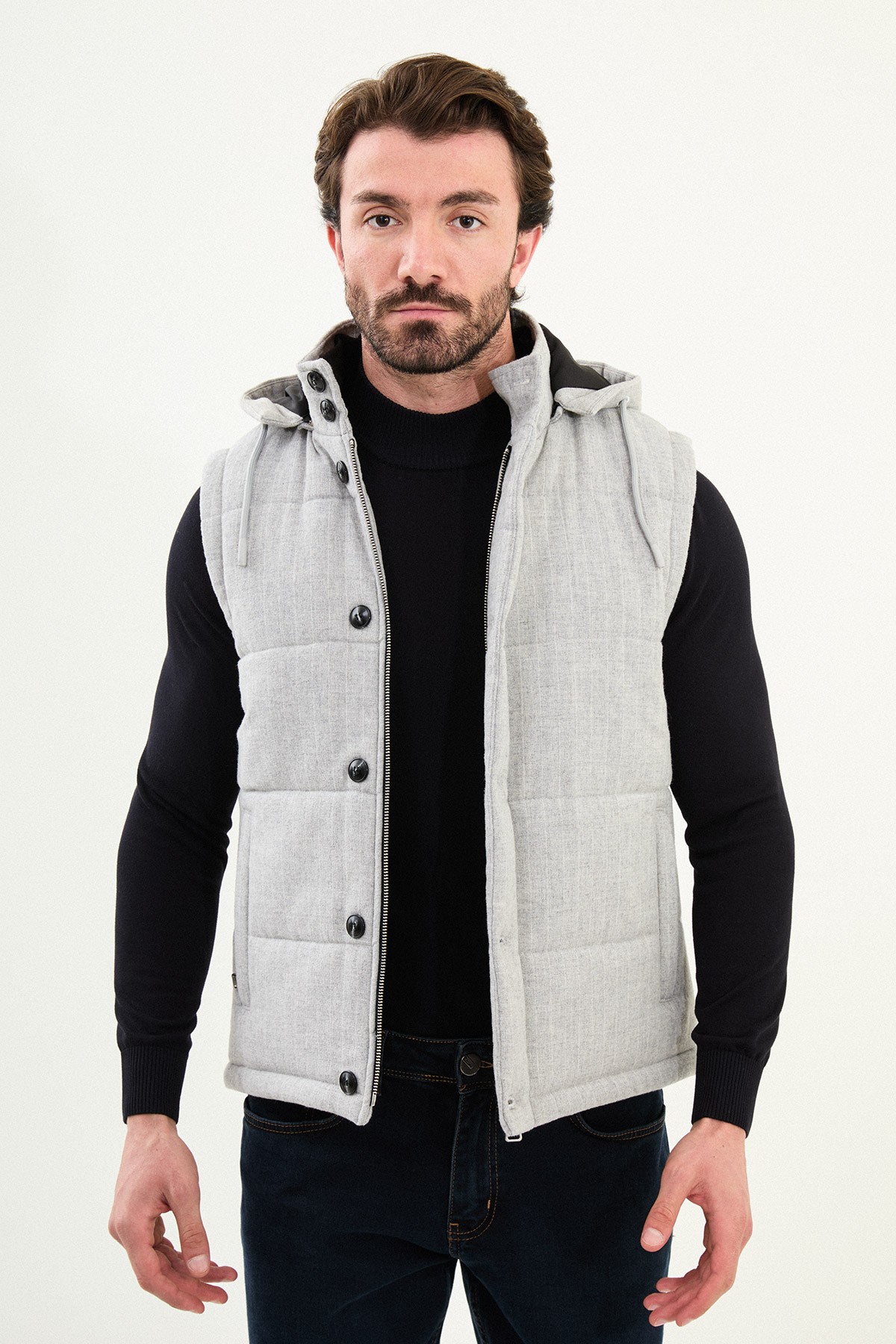 Çizgili Slim Fit Kapşonlu Şişme Erkek Yelek - Açık Gri