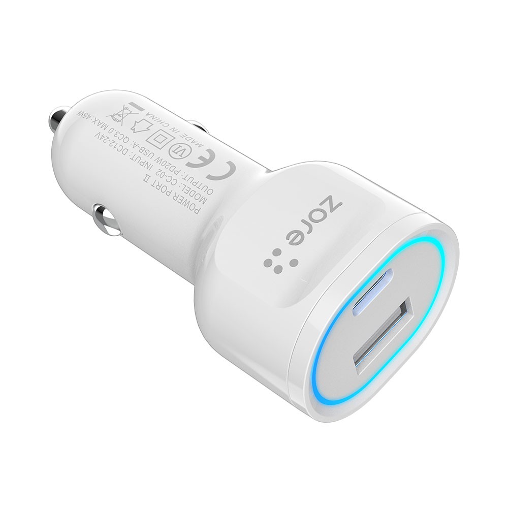 Zore CC-02 Hızlı Şarj Özellikli LED Işıklı QC 3.0 USB-A ve Type-C PD Araç Şarj Başlığı PD 20W