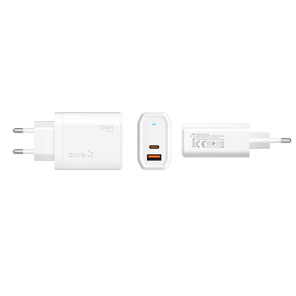 Zore Always-02 GaN Tech Type-C PD4.0 USB-A QC3.0 Hızlı Şarj Özellikli Seyahat Şarj Başlığı 45W