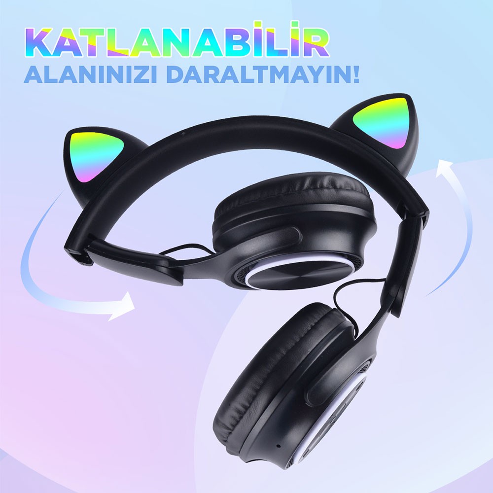 Zore M6 Pro Cat RGB Led Işıklı Kedi Kulağı Band Tasarımlı Ayarlanabilir ve Katlanabilir Kulak Üstü Bluetooth Kulaklık