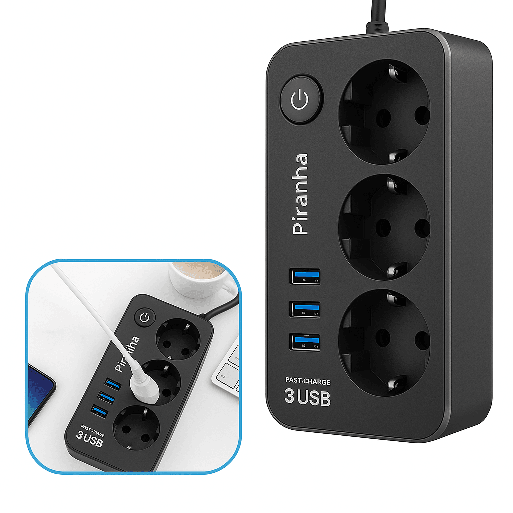 Akım Korumalı 3'lü Priz ve 3'lü Usb 