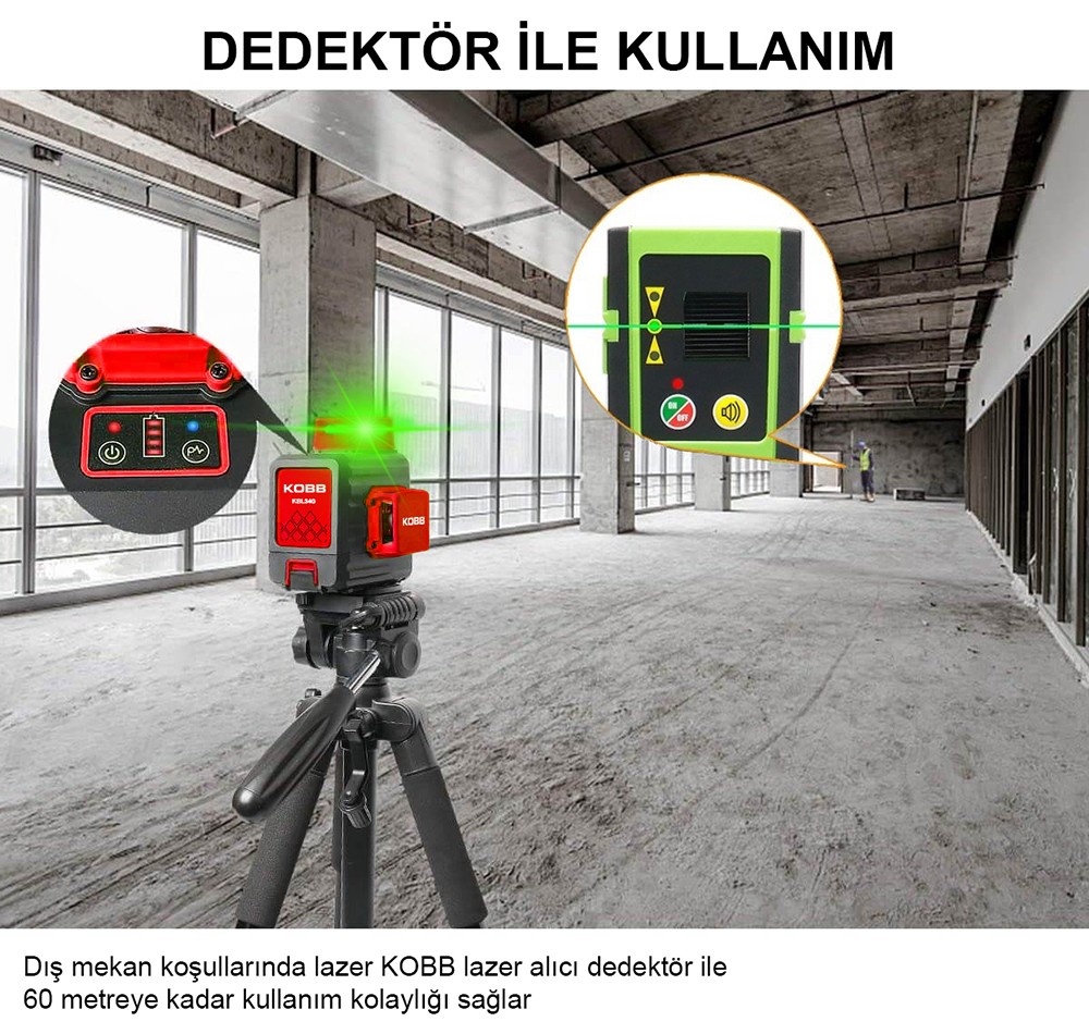 KOBB KBL34G 40 Metre Profesyonel Li-ion Şarjlı 3X360derece Otomatik Hizalamalı Yeşil Çapraz Çizgi Lazer Distomat