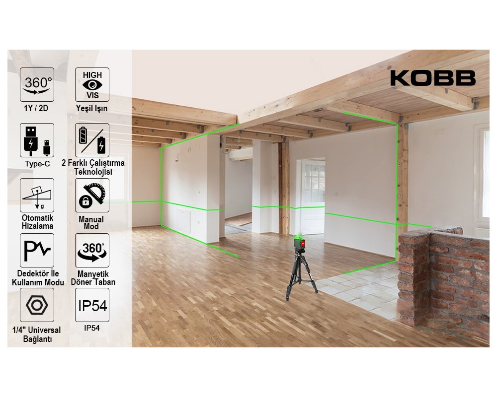 KBL33GTP KOBB 40M Şarjlı 2x9/360° Yeşil Lazer+Tripod
