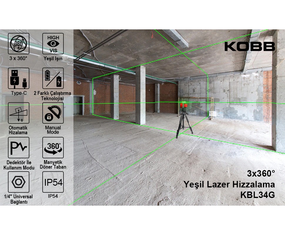 KOBB KBL34G 40 Metre Profesyonel Li-ion Şarjlı 3X360derece Otomatik Hizalamalı Yeşil Çapraz Çizgi Lazer Distomat