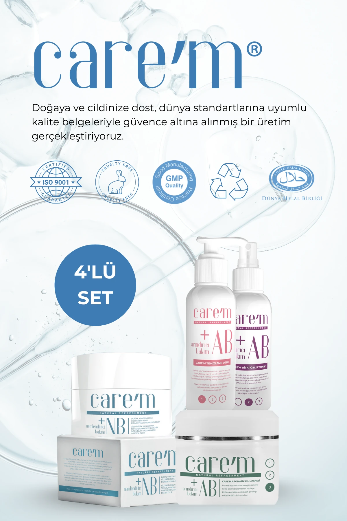 Cilt Bakım Seti - 4'lü Set - Temizleme Sütü + Arındırıcı Tonik + Aromatik Kil Maskesi + NB Krem