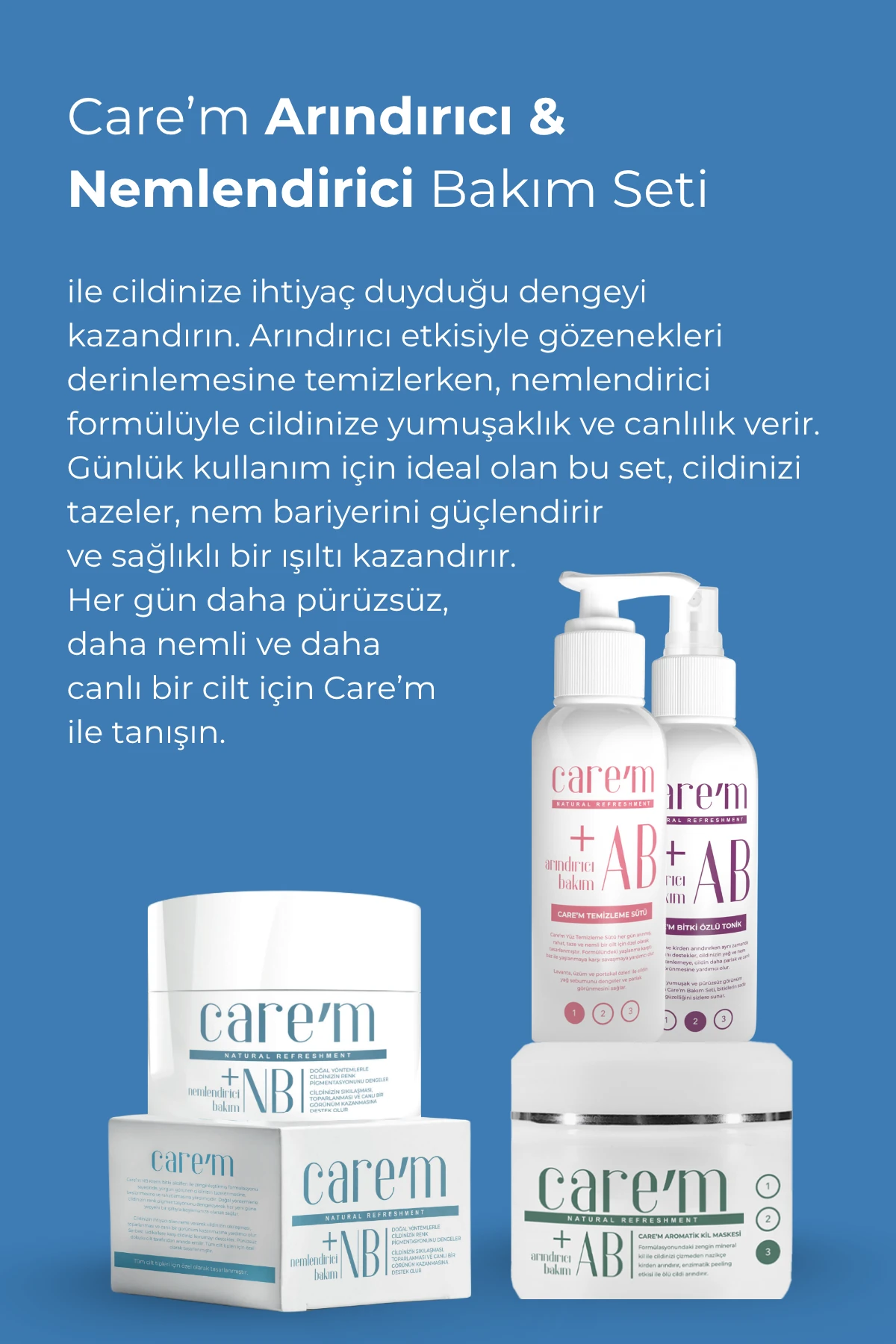 Cilt Bakım Seti - 4'lü Set - Temizleme Sütü + Arındırıcı Tonik + Aromatik Kil Maskesi + NB Krem