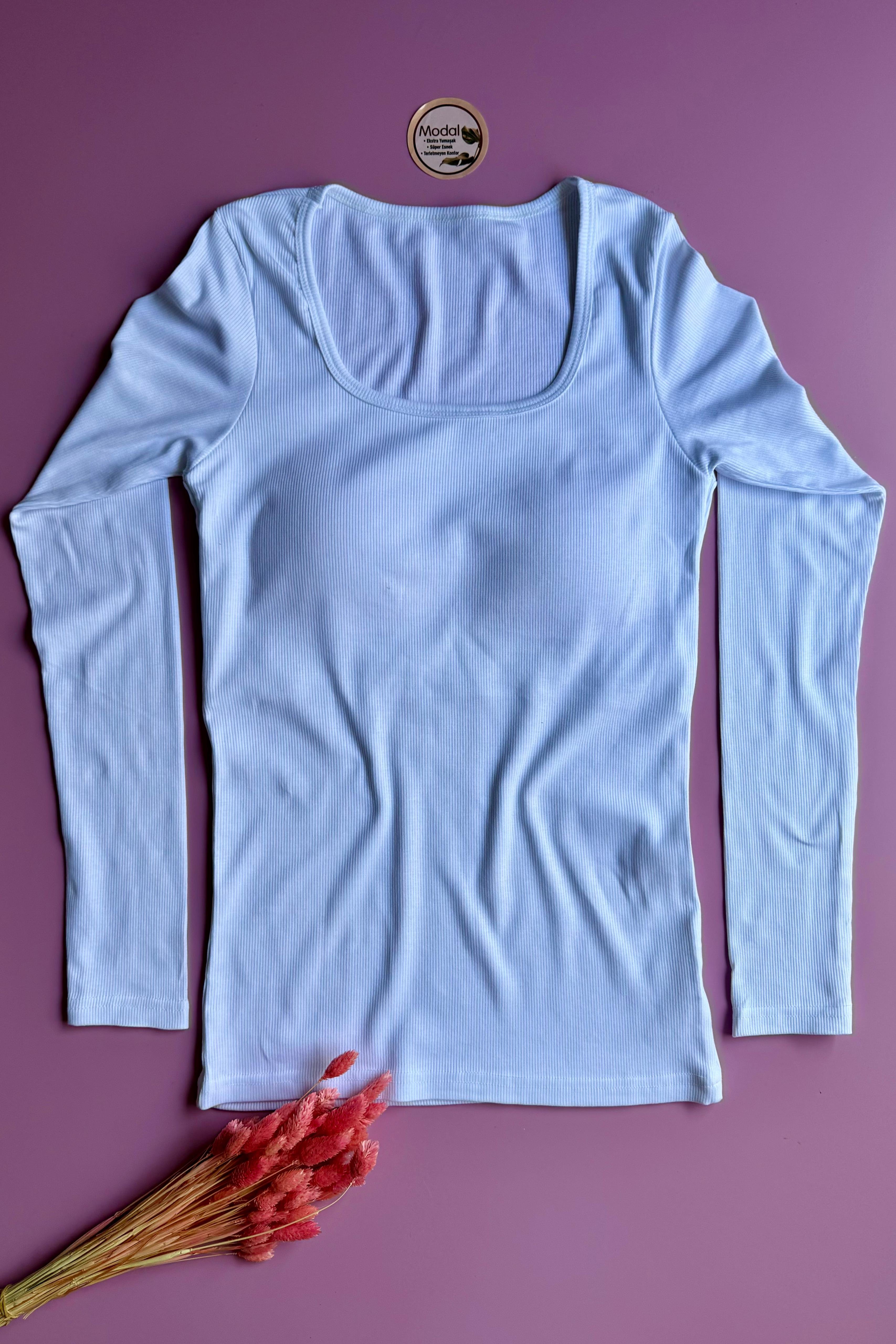 Bratique Uzun Kol 2'li -Modal- Geniş Yaka Pedli Kaşkorse Kadın T-shirt-Atlet 66E55