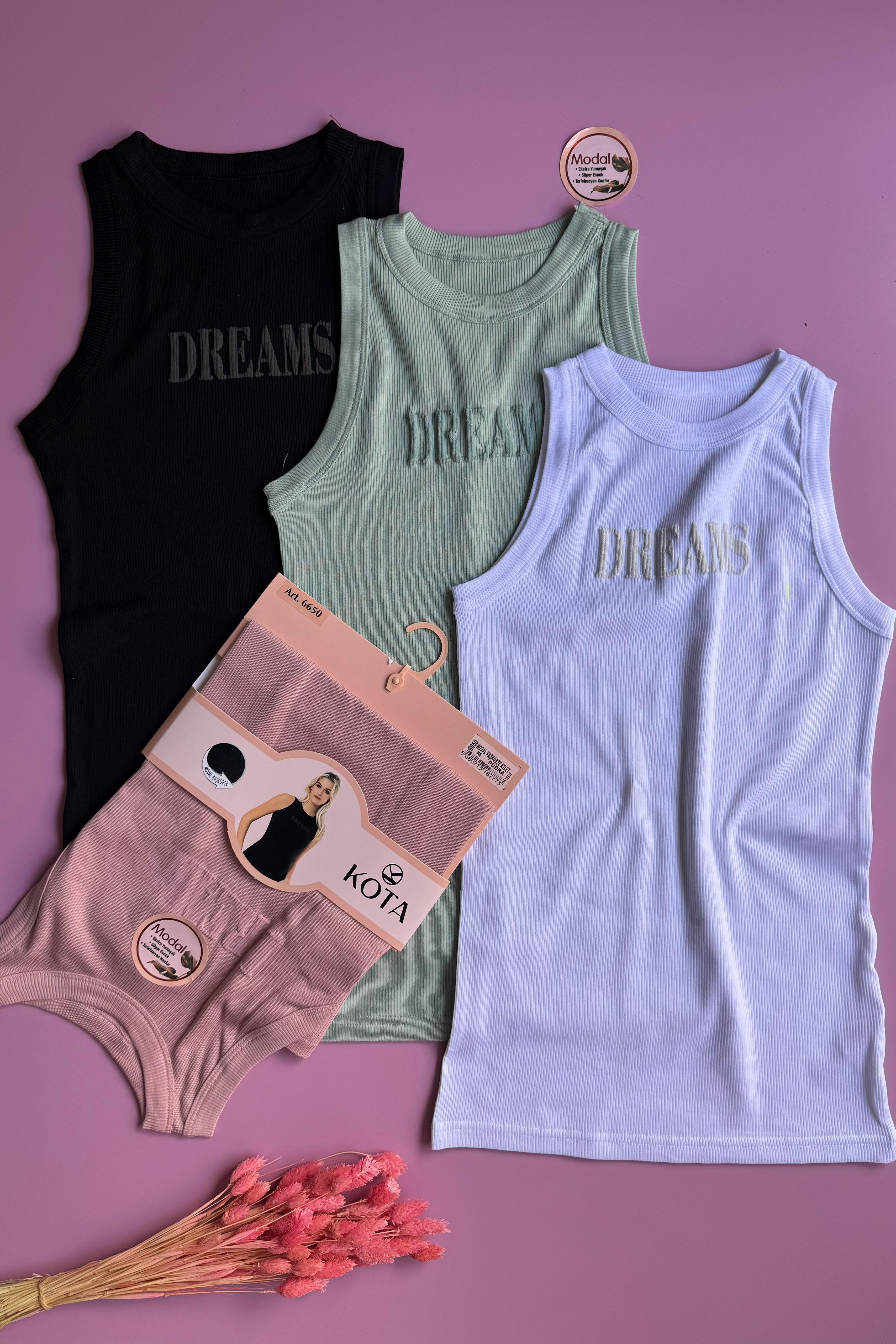 Dreams Modal Kumaş, Yeşil, Pudra, Siyah ve Beyaz Renk 4'lü Halter Yaka Kadın T-shirt Atlet 66E50