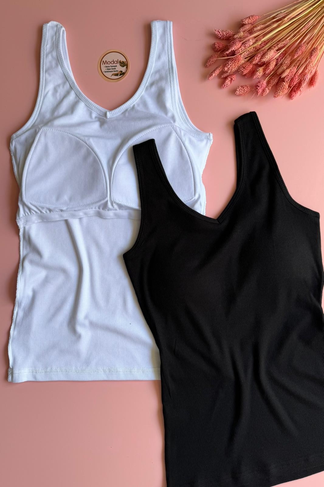 Bratique Modal Kumaş 4'lü | V Yaka - Pudra, Çağla Yeşili, Siyah Ve Beyaz - Pedli Ribana Kadın T-shirt-atlet 66E53