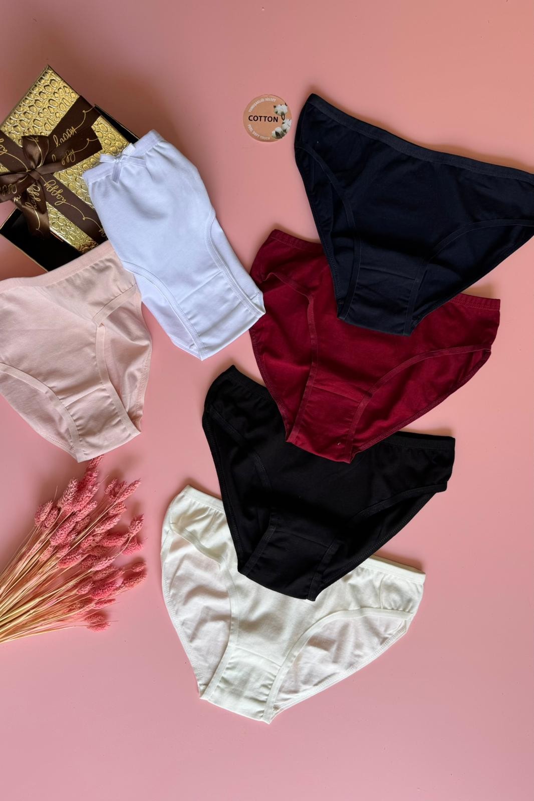Yumuşacık Pamuklu Ekru ,Pembe ,Beyaz ,Siyah ,Lacivert ve Bordo 6'lı Külot Seti (Kutu Aksesuar Olarak Kullanılmıştır)