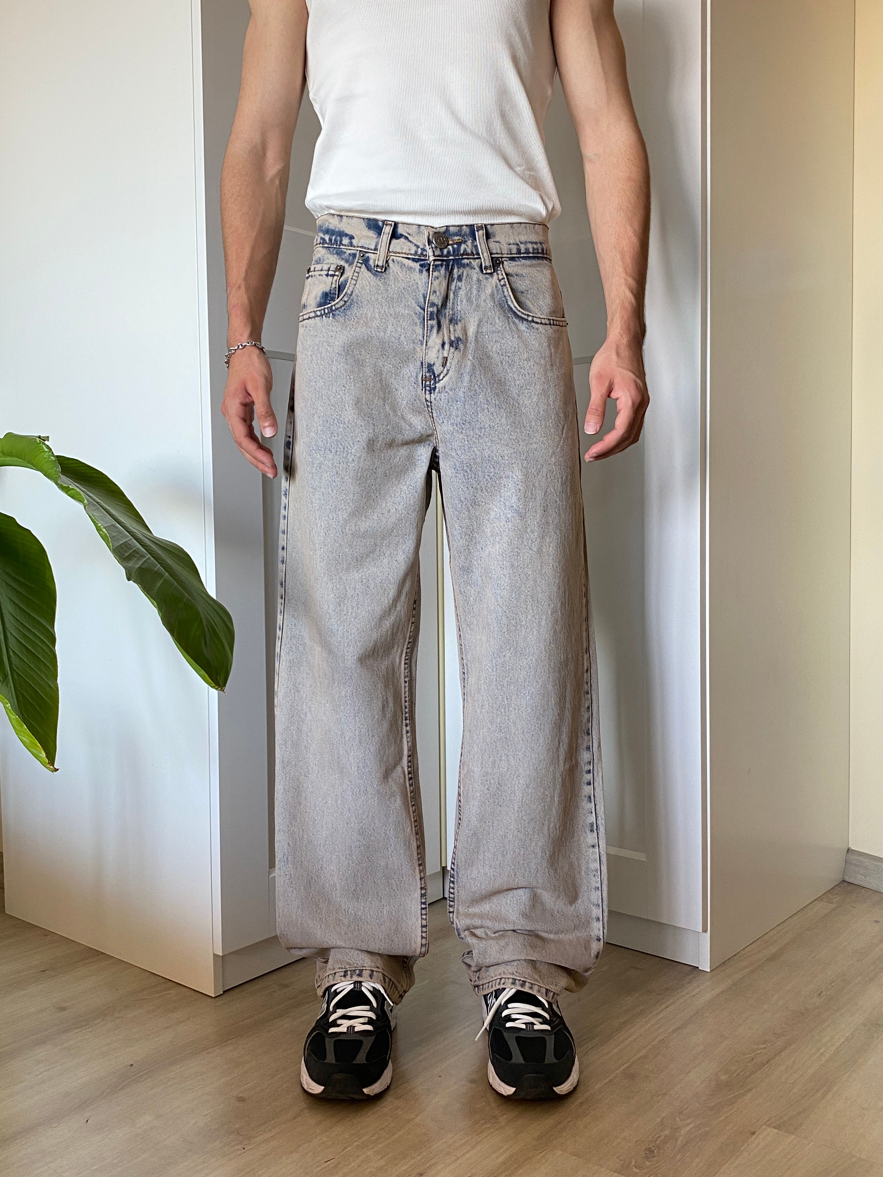 Bej Yıkamalı Baggy Jean