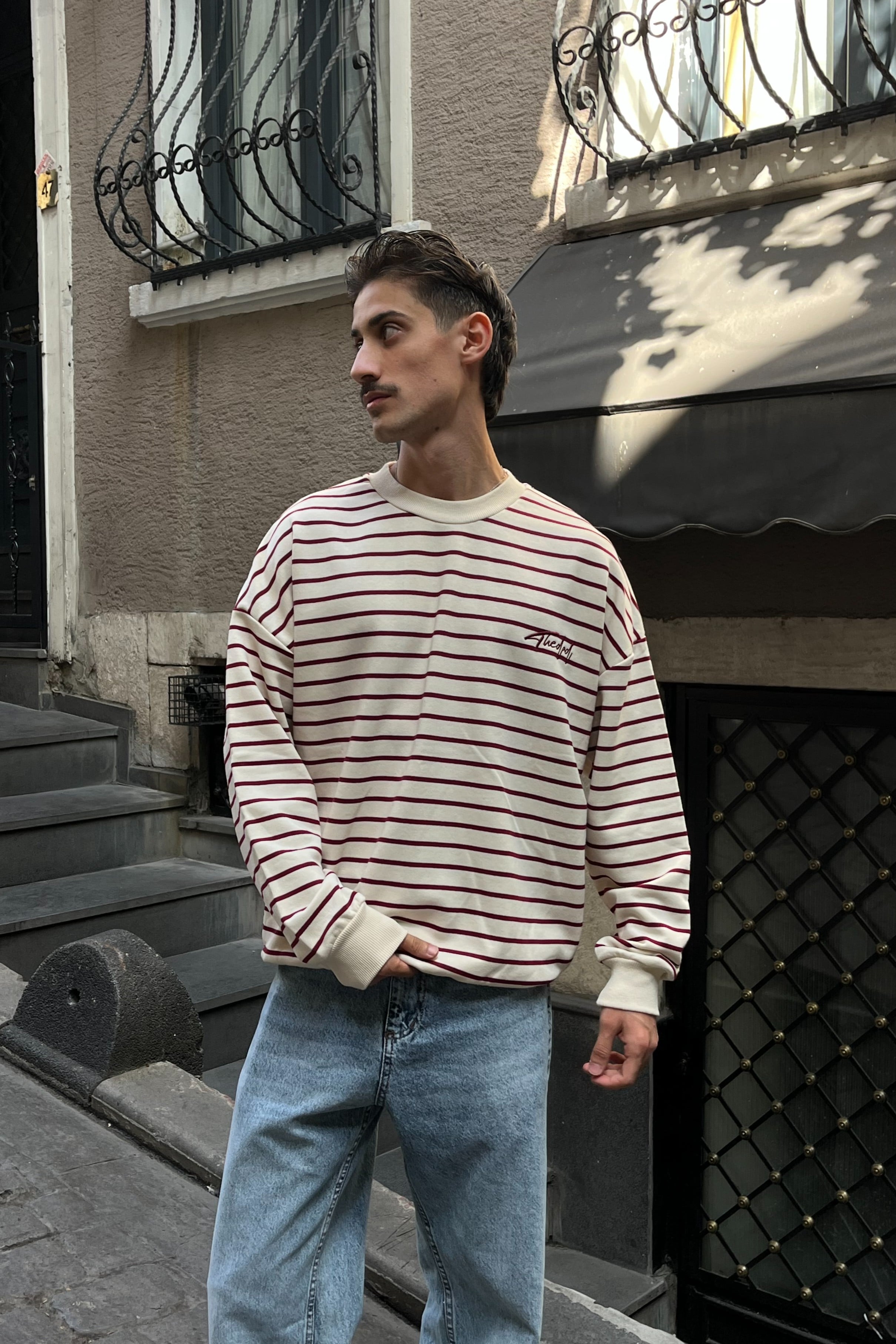 Retro Çizgili Oversize Sweatshirt