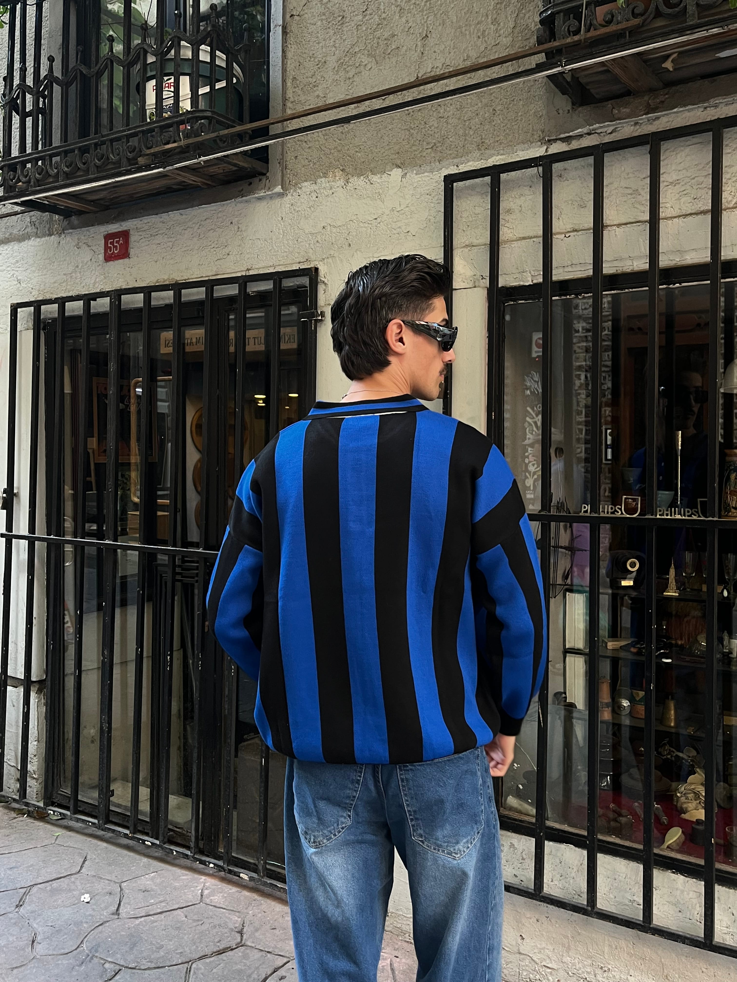 Mavi Siyah Çizgili Oversize Polo Yaka Triko