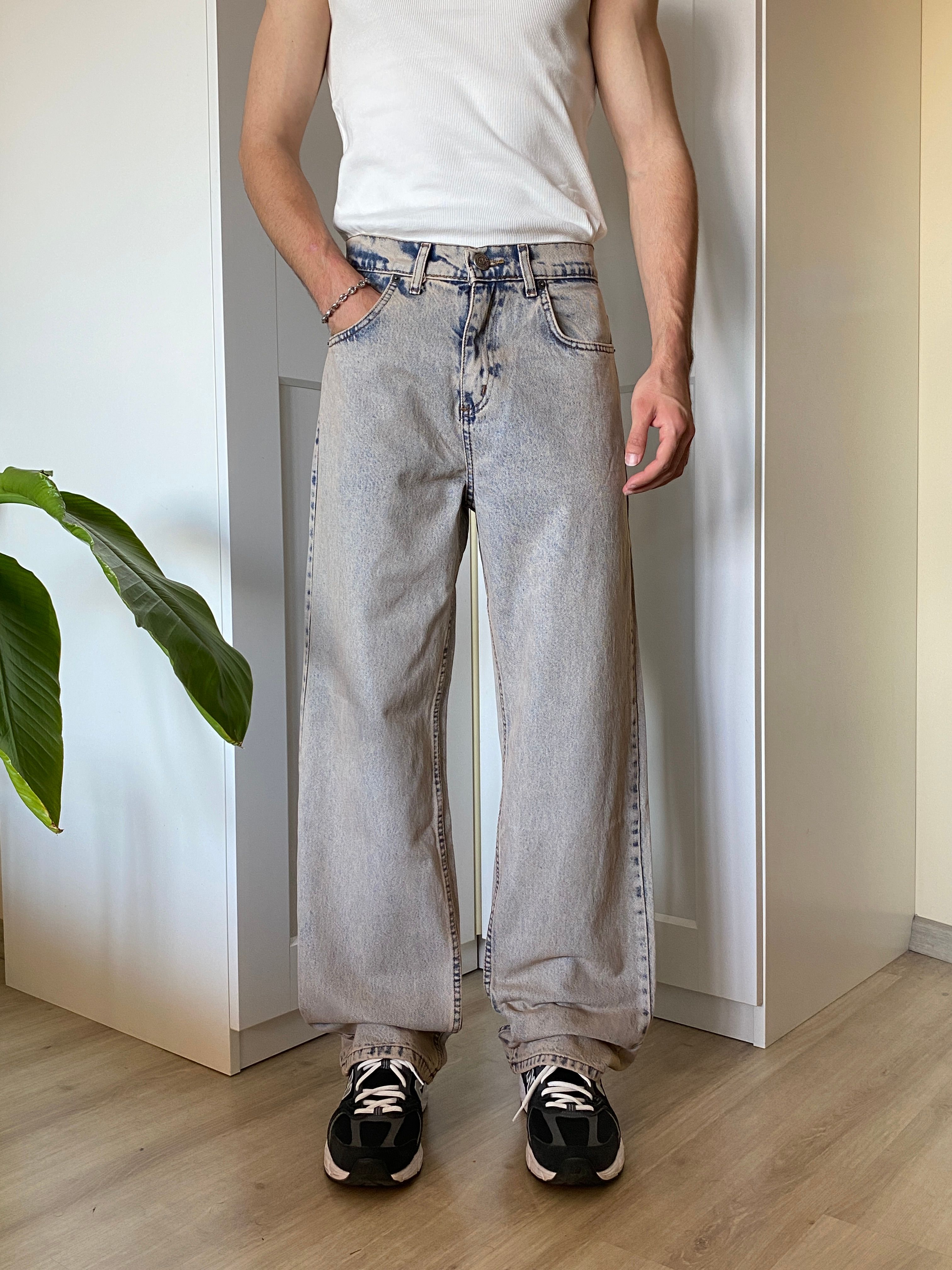 Bej Yıkamalı Baggy Jean