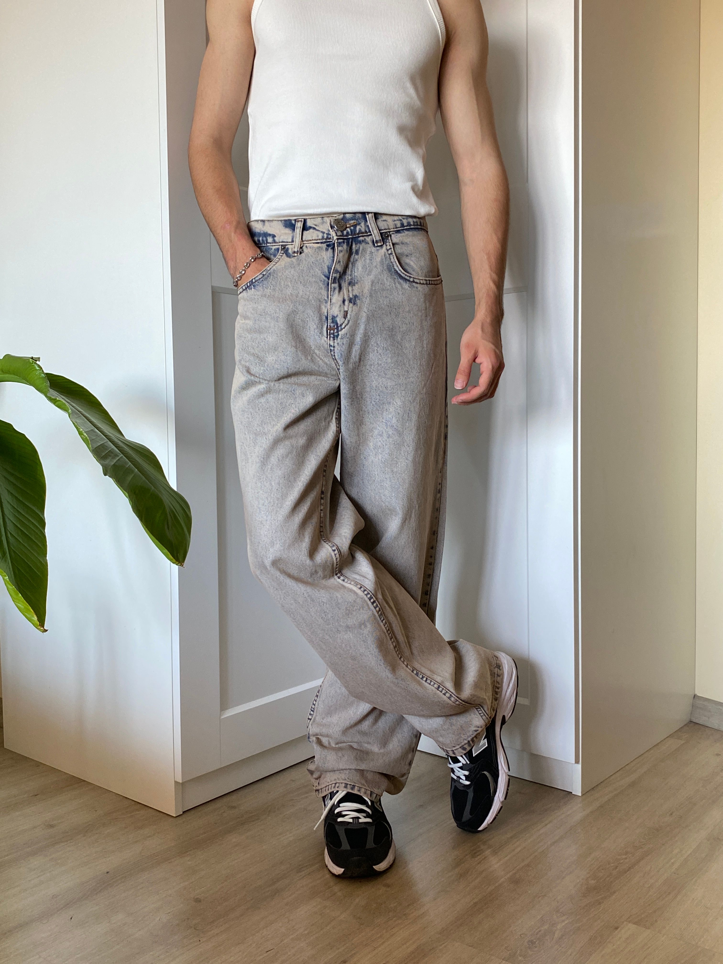 Bej Yıkamalı Baggy Jean