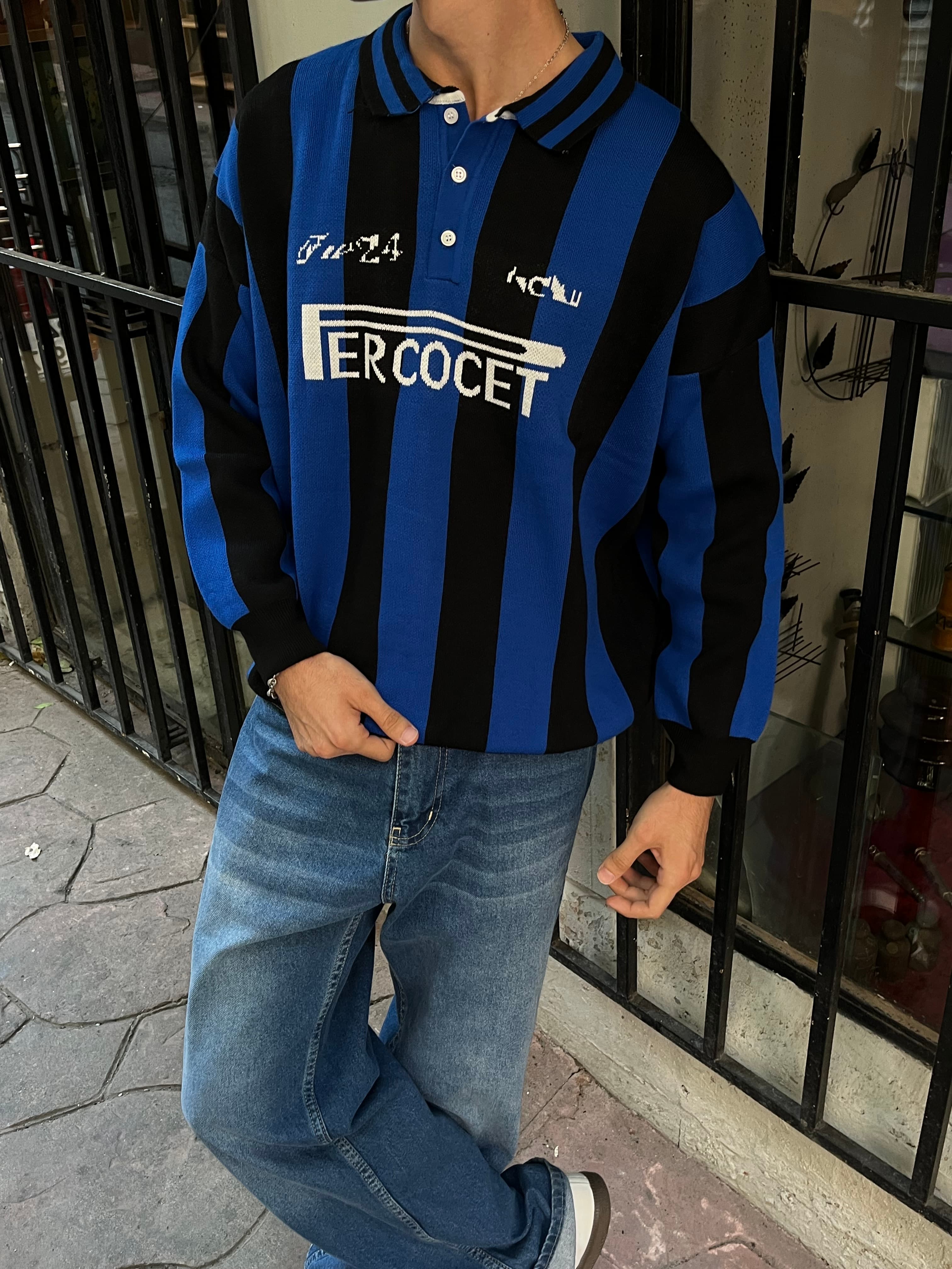 Mavi Siyah Çizgili Oversize Polo Yaka Triko