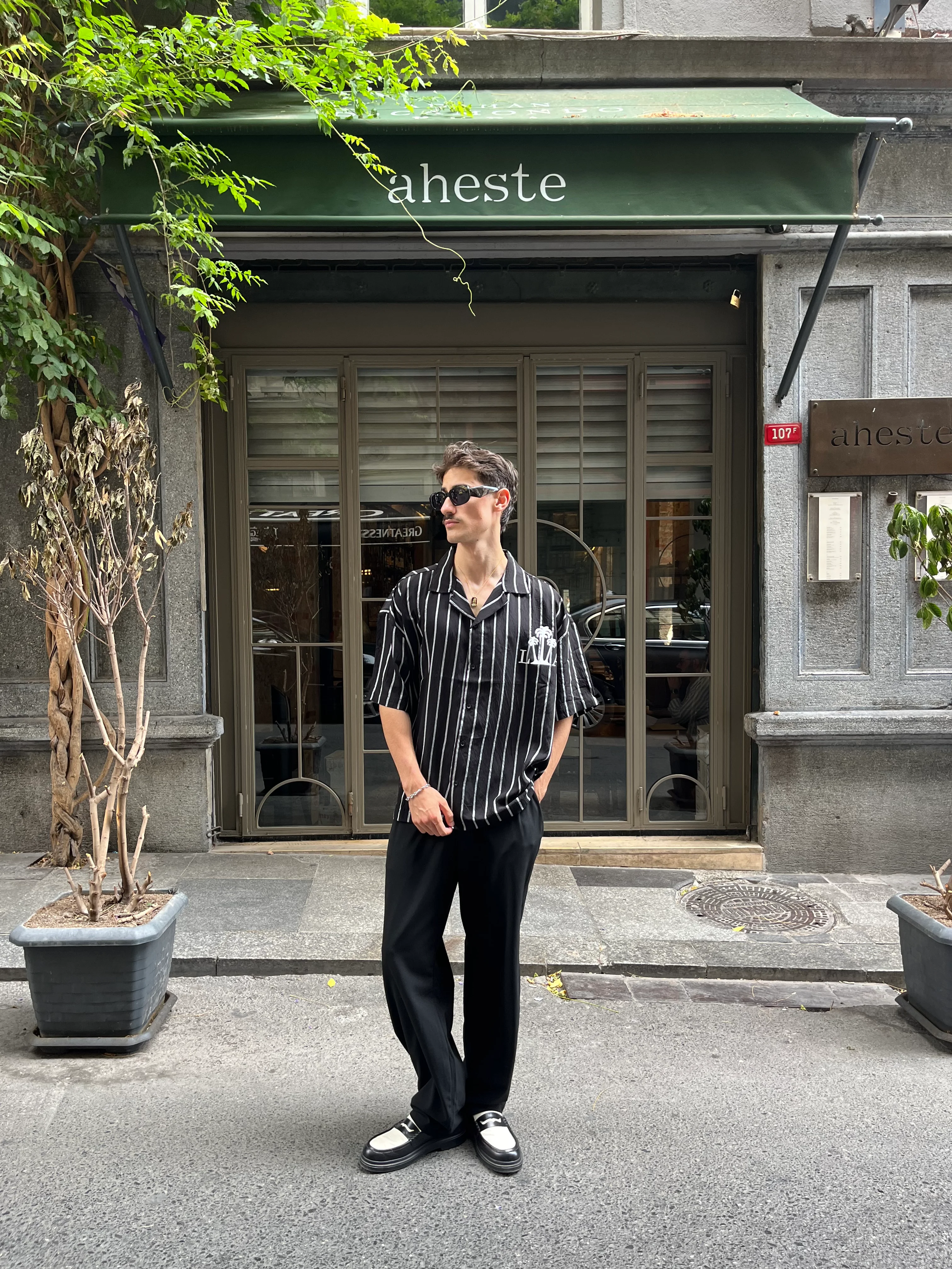 Çizgili Hawaii Desenli Kısa Kollu Gömlek