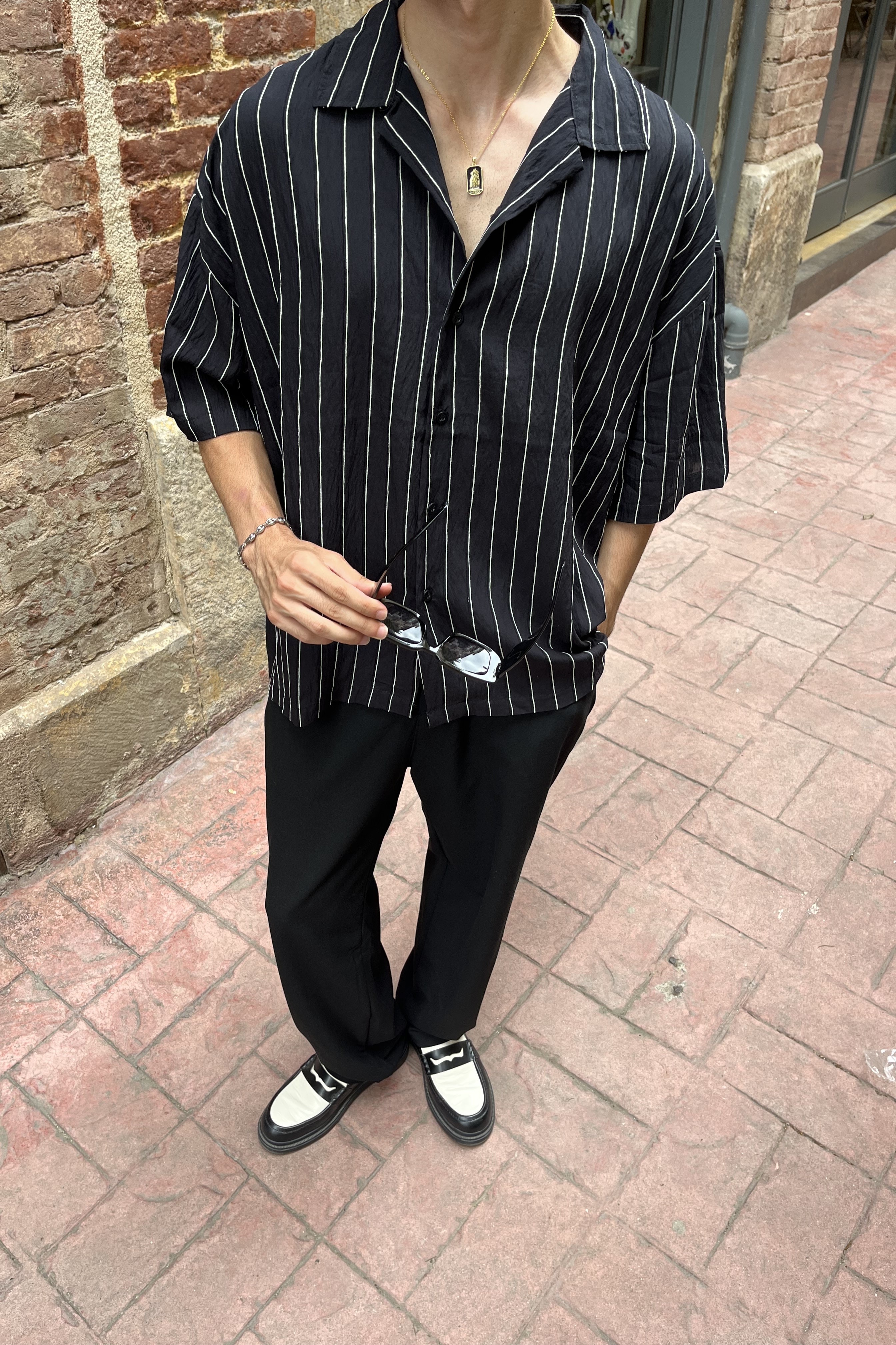 Basic Retro Çizgili Kısa kollu Gömlek