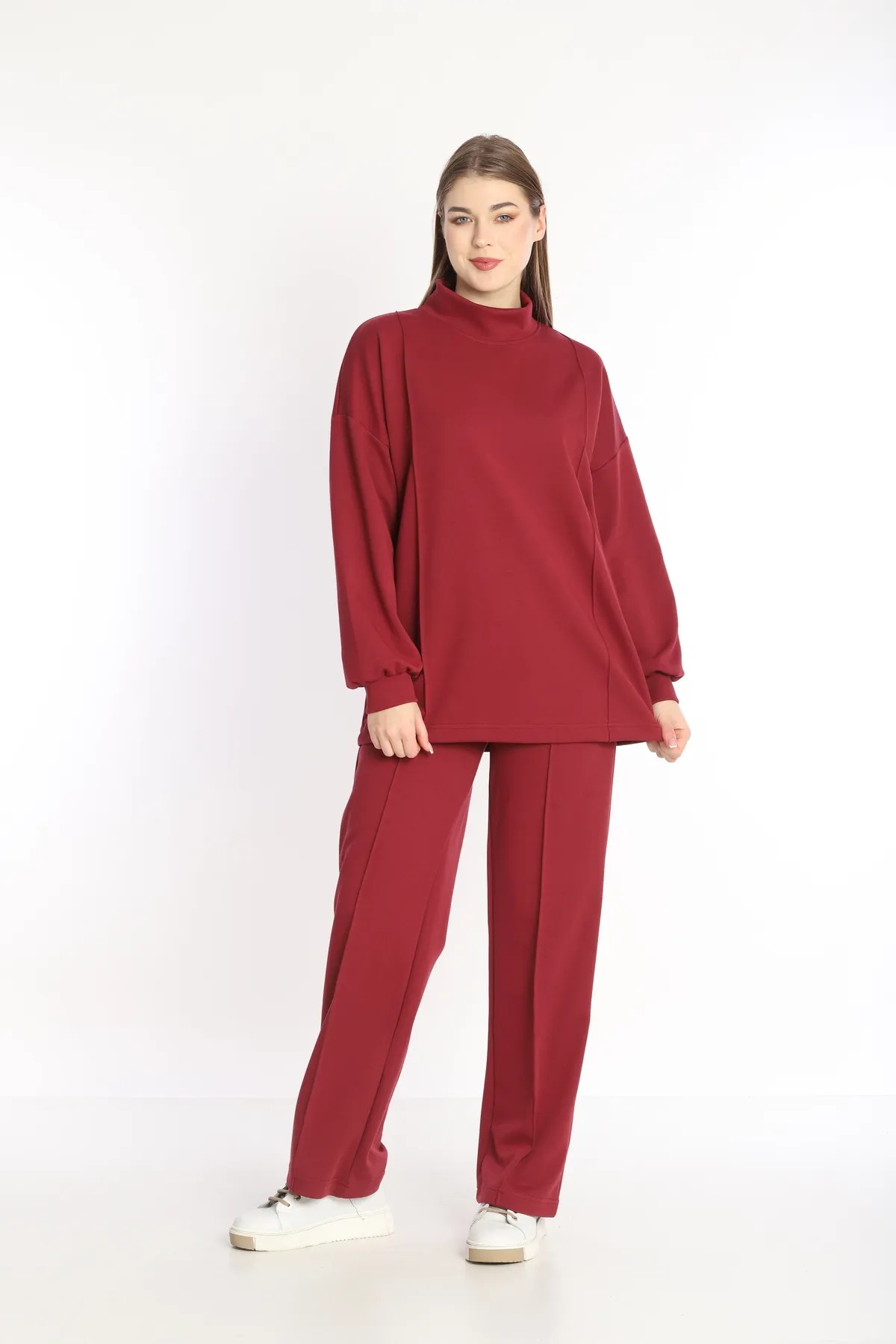 DOUBLE PAMUK POLYESTER SWEAT TUNIK TAKIM - BORDO