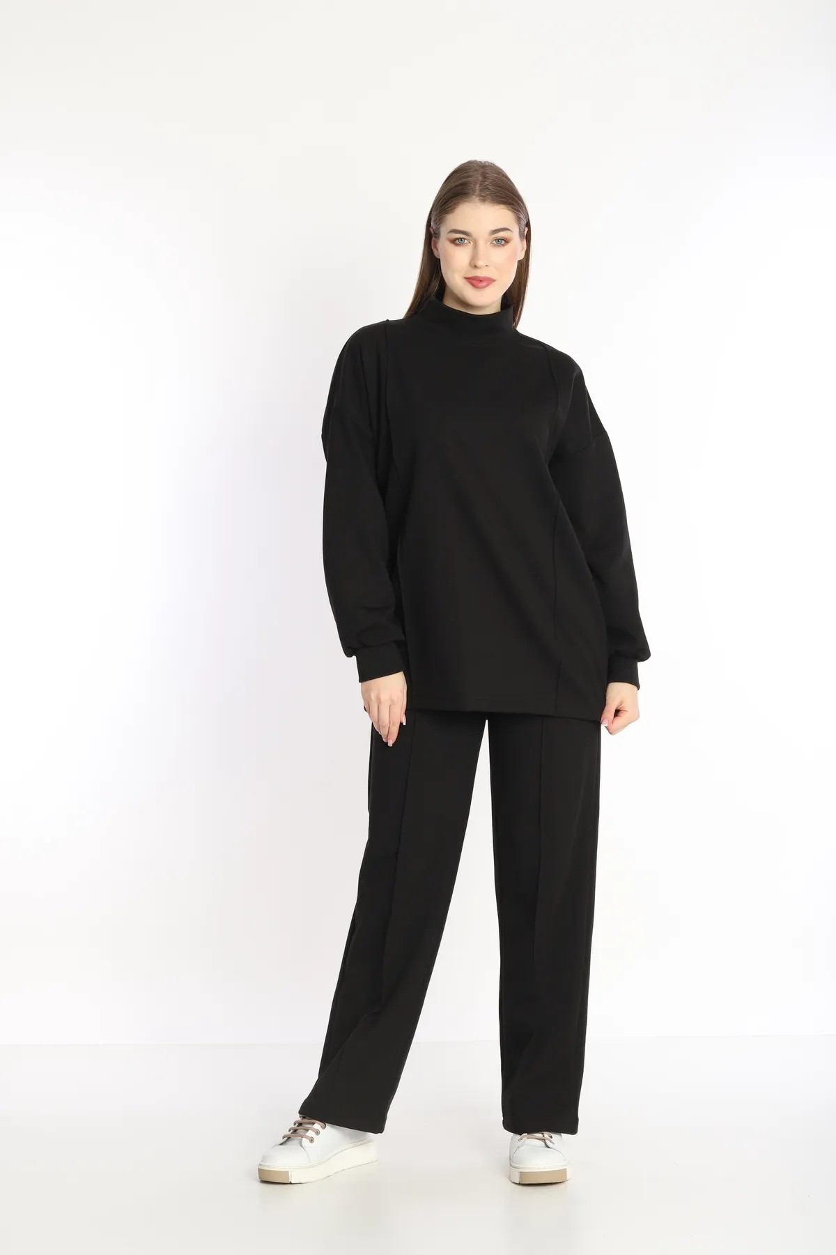 DOUBLE PAMUK POLYESTER SWEAT TUNIK TAKIM - SIYAH