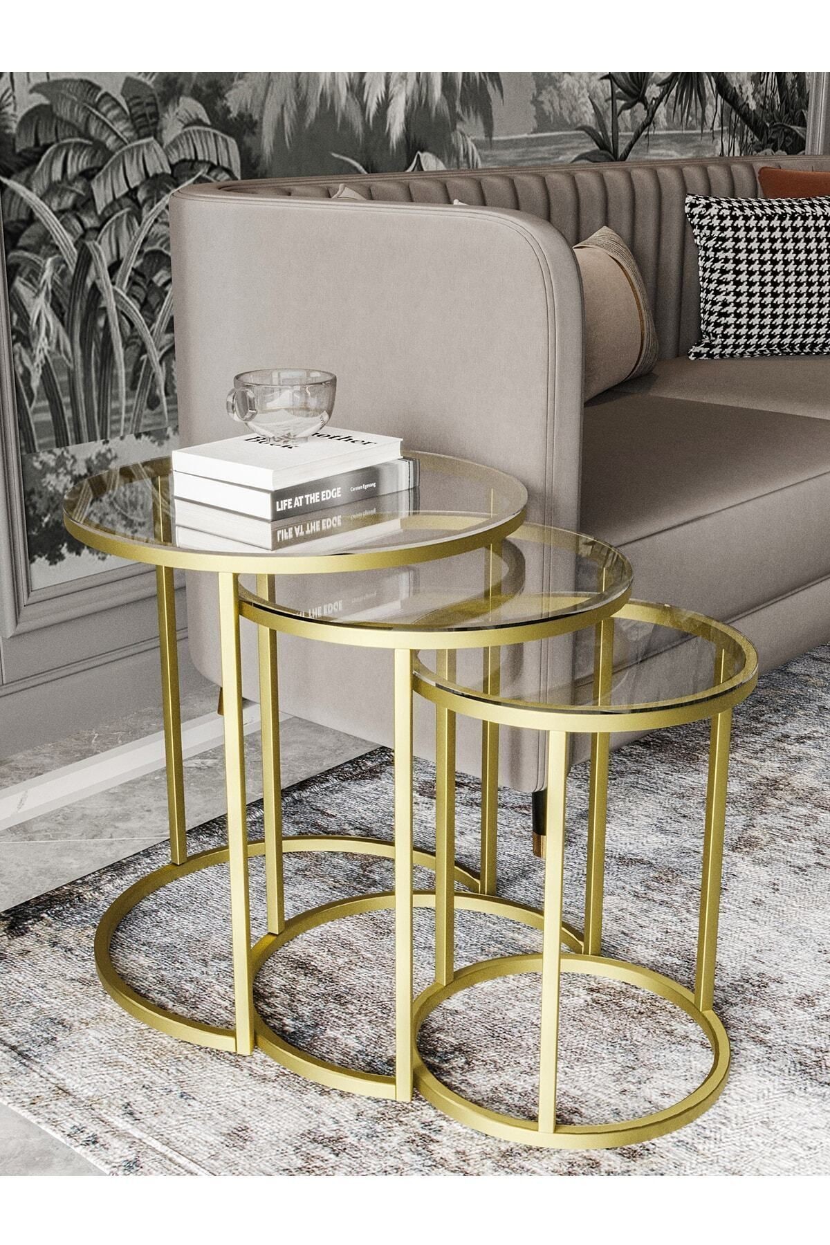 Milas Mat Gold Zigon Sehpa - Temperli Şeffaf Cam