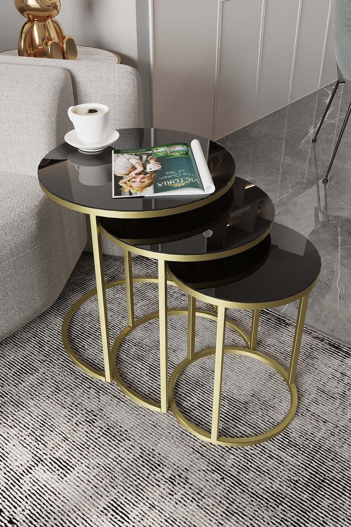 Milas Gold Zigon Sehpa - Temperli Siyah Cam