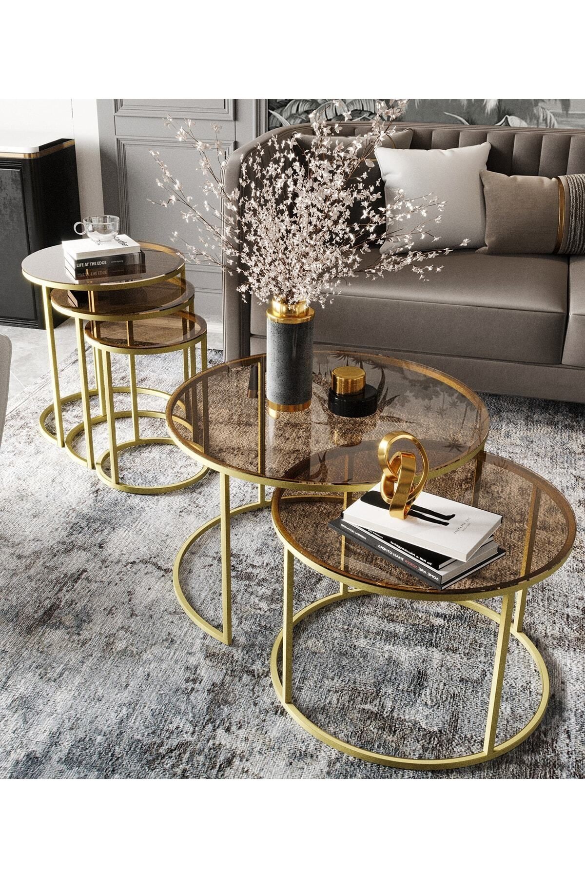 Milas Gold Orta ve Zigon Sehpa Seti - Temperli Bronz Cam