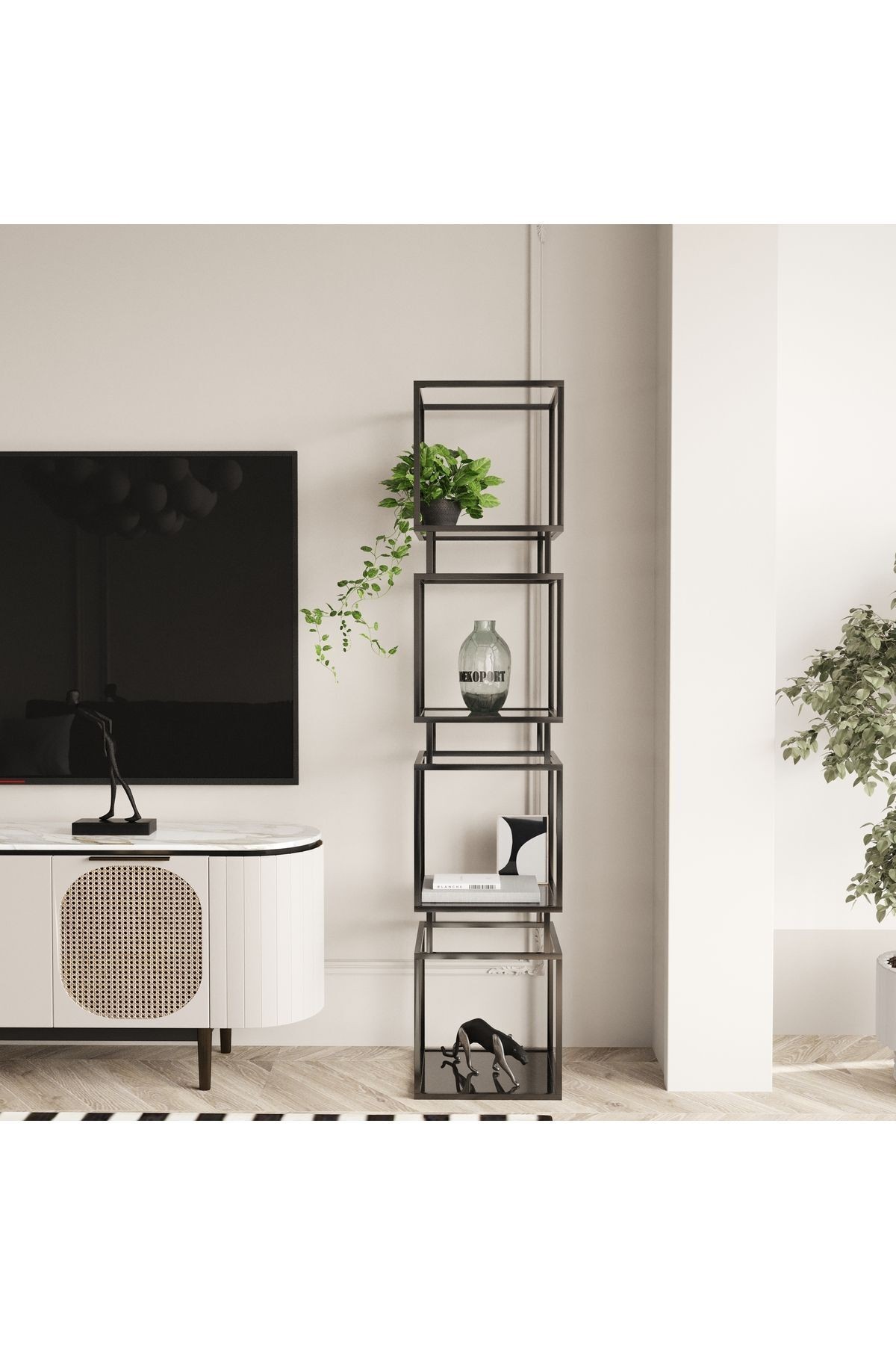 Dekoratif 4 Katlı Metal Kitaplık - Füme Cam Raf - Bitki Standı