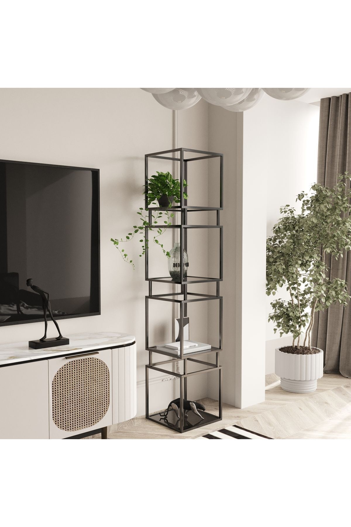 Dekoratif 4 Katlı Metal Kitaplık - Füme Cam Raf - Bitki Standı