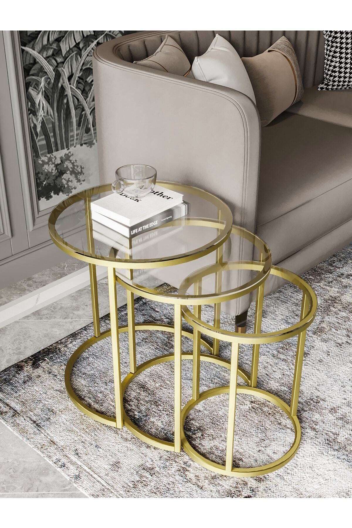 Milas Mat Gold Zigon Sehpa - Temperli Şeffaf Cam