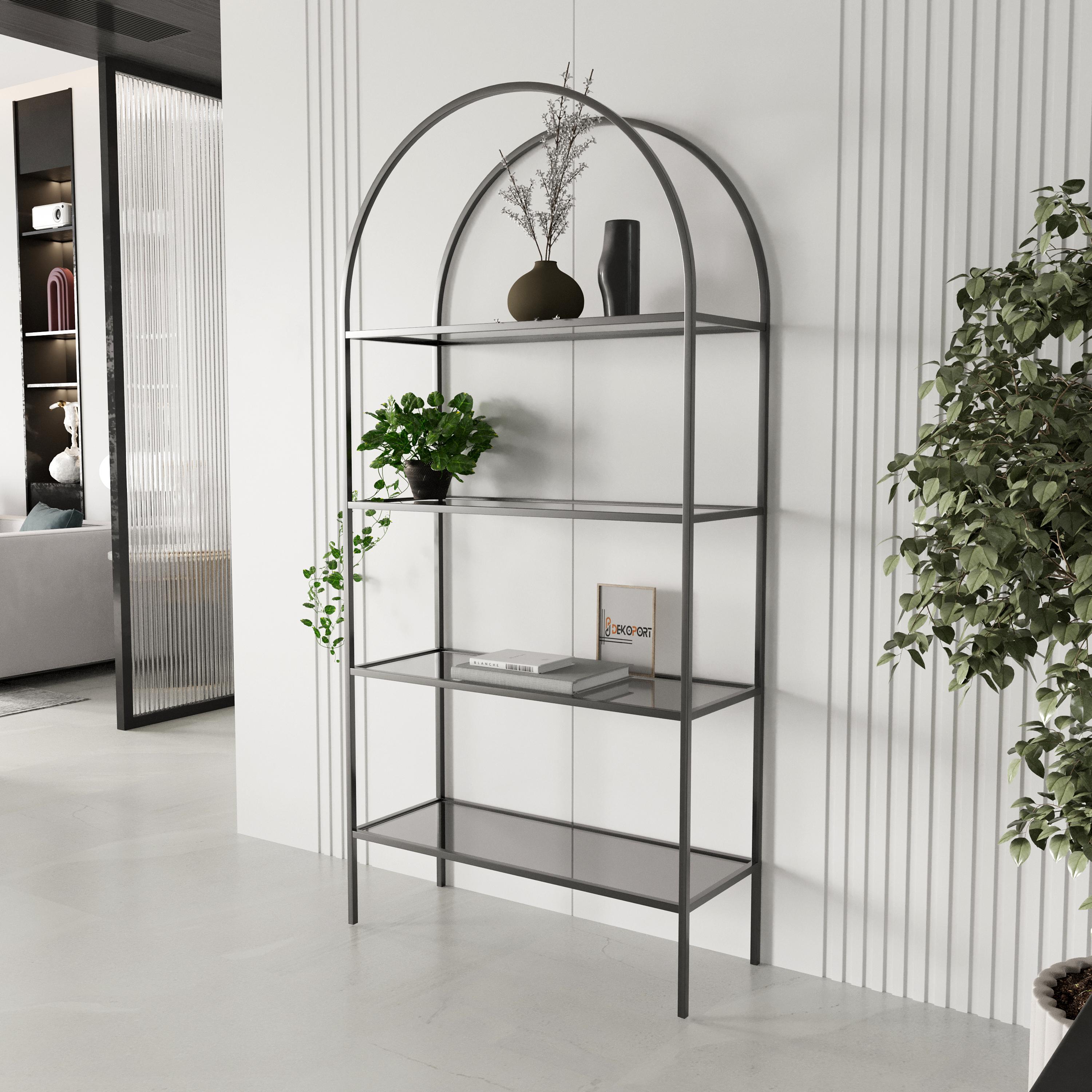 Linda Kitaplık , Metal Dekoratif Kitaplık , Siyah Metal Temperli Füme Cam