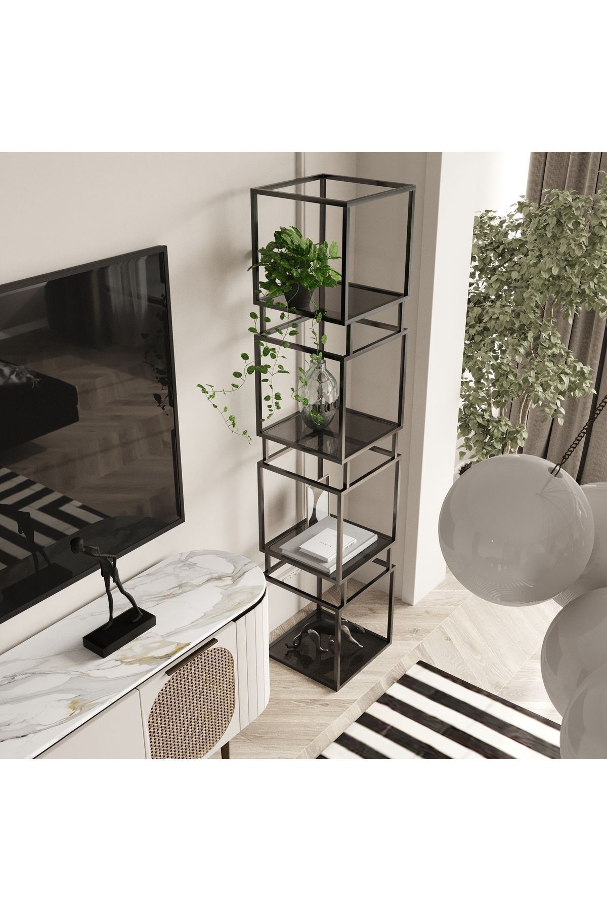 Dekoratif 4 Katlı Metal Kitaplık - Füme Cam Raf - Bitki Standı
