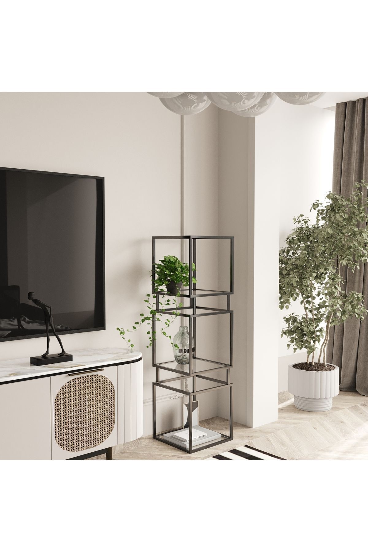 Dekoratif 3 Katlı Metal Kitaplık - Cam Raf - Bitki Standı
