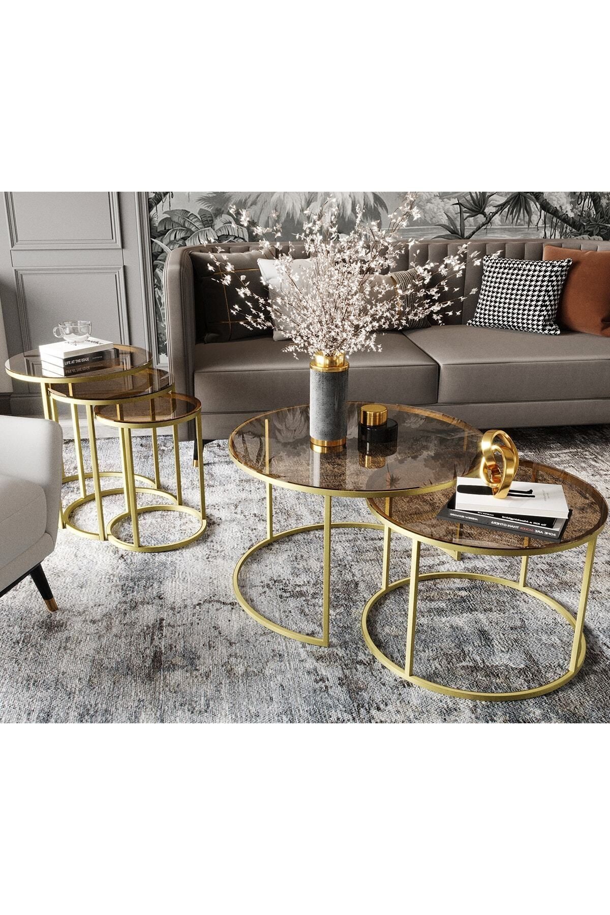 Milas Gold Orta ve Zigon Sehpa Seti - Temperli Bronz Cam