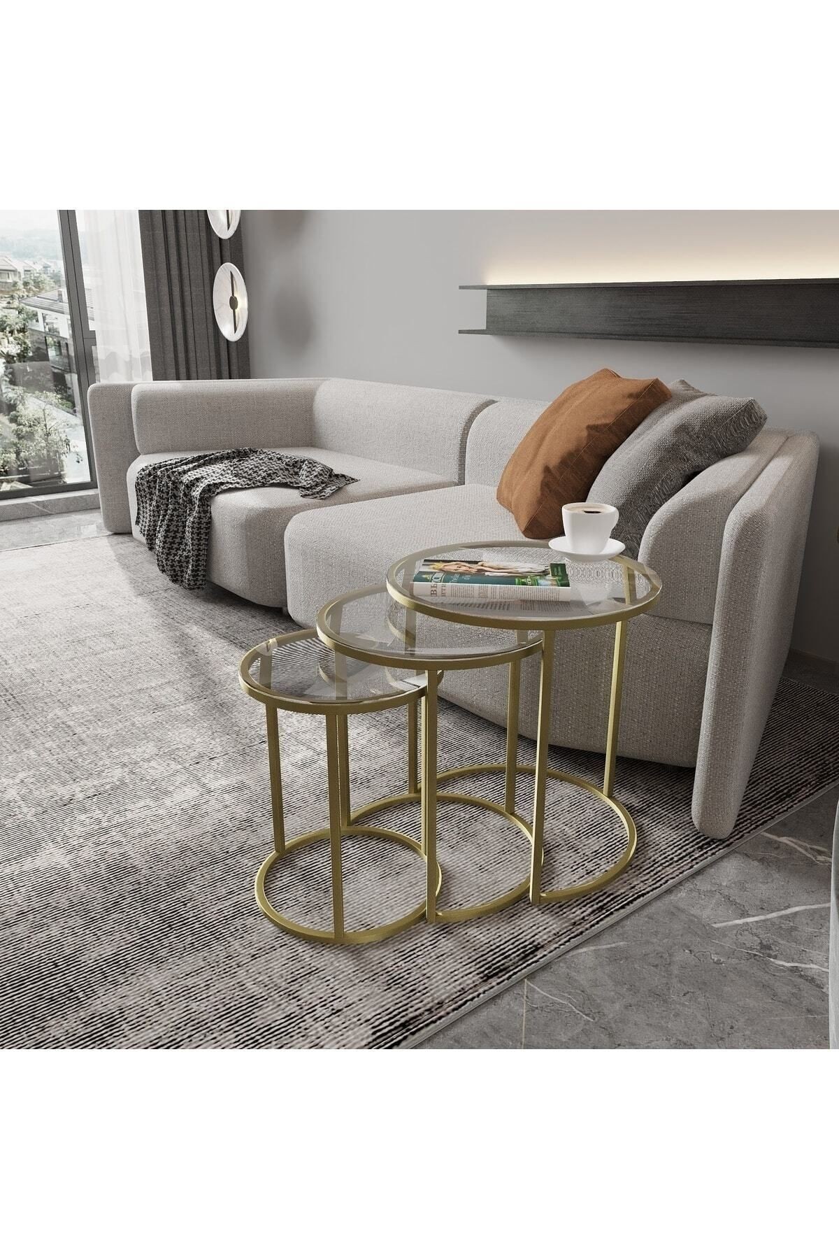 Milas Mat Gold Zigon Sehpa - Temperli Şeffaf Cam