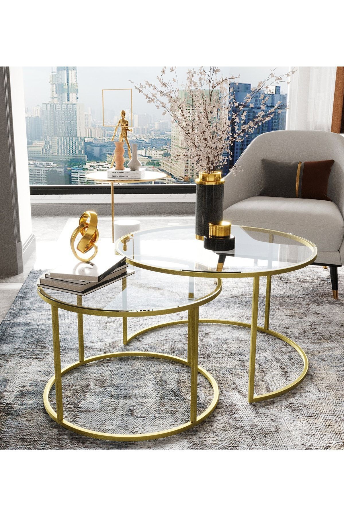 Milas 60 cm Gold Orta Sehpa - Şeffaf Cam