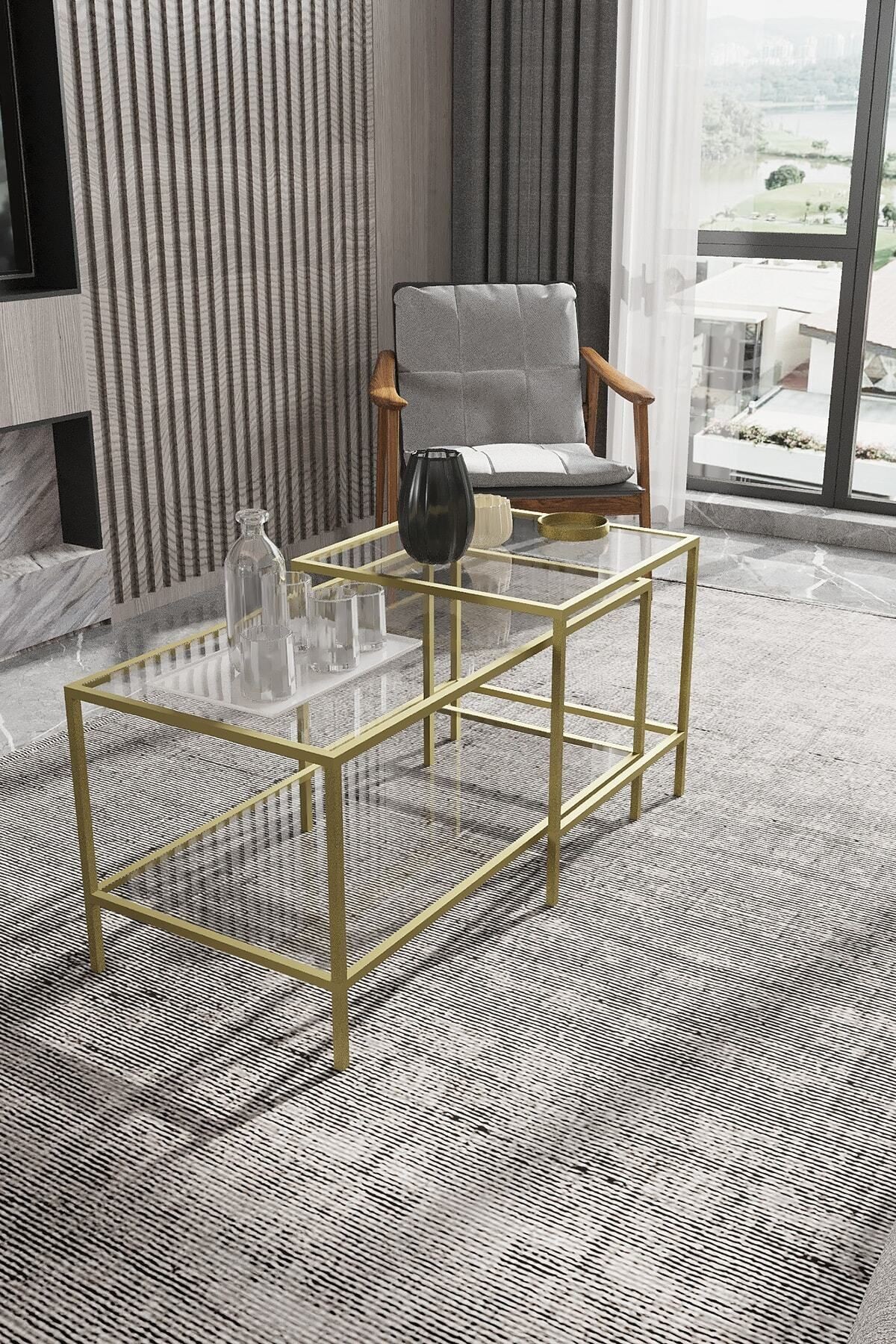 Perla Gold Orta Sehpa - Temperli Şeffaf Cam