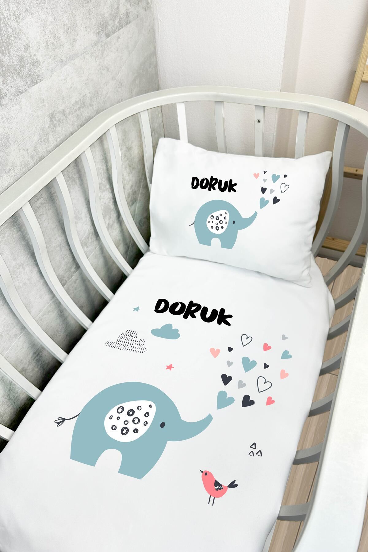 %100 Pamuk Saten Kişiye Özel İsimli Anne Yanı Beşik Nevresim Takımı 60x100 cm - MSD-602