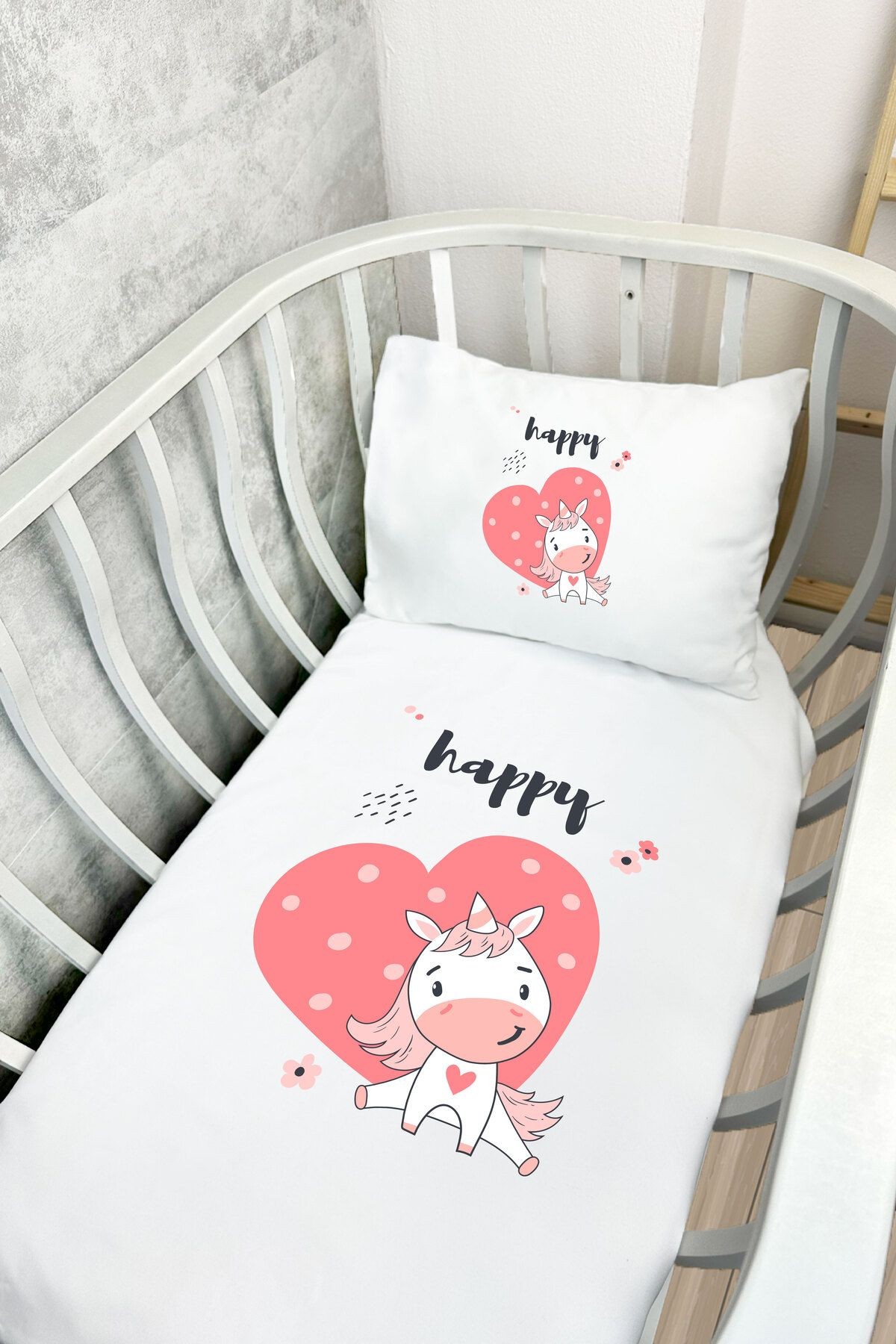 %100 Pamuk Saten Baskılı Desenli Anne Yanı Beşik Nevresim Takımı 60x100 cm - MSD-208