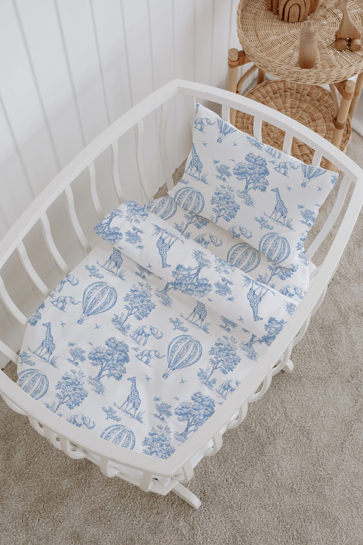 %100 Pamuklu Poplin Bebek Beşik Nevresim Seti 80x120 cm - Blue Balloon Safari