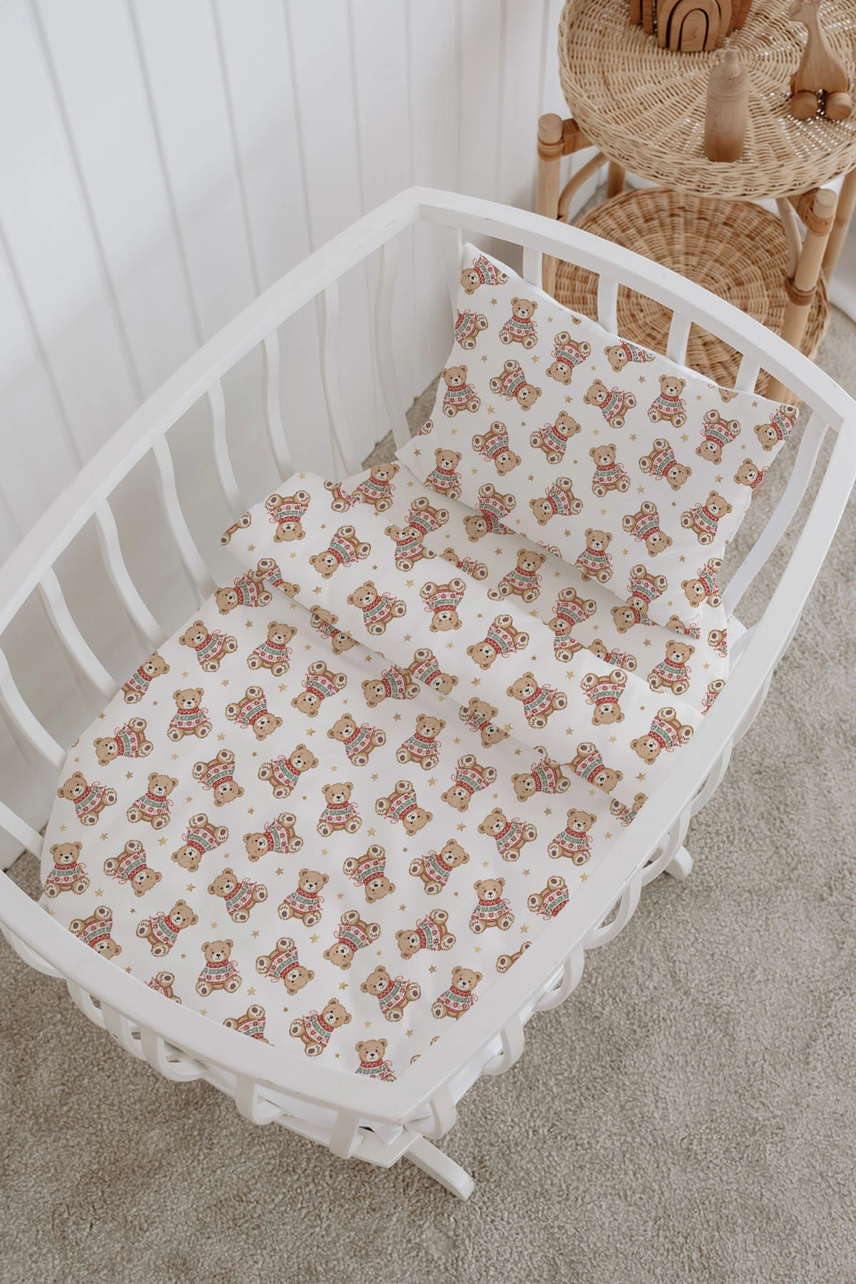 %100 Pamuklu Poplin Bebek Beşik Nevresim Seti 80x120 cm - Sevimli Kış Ayıları