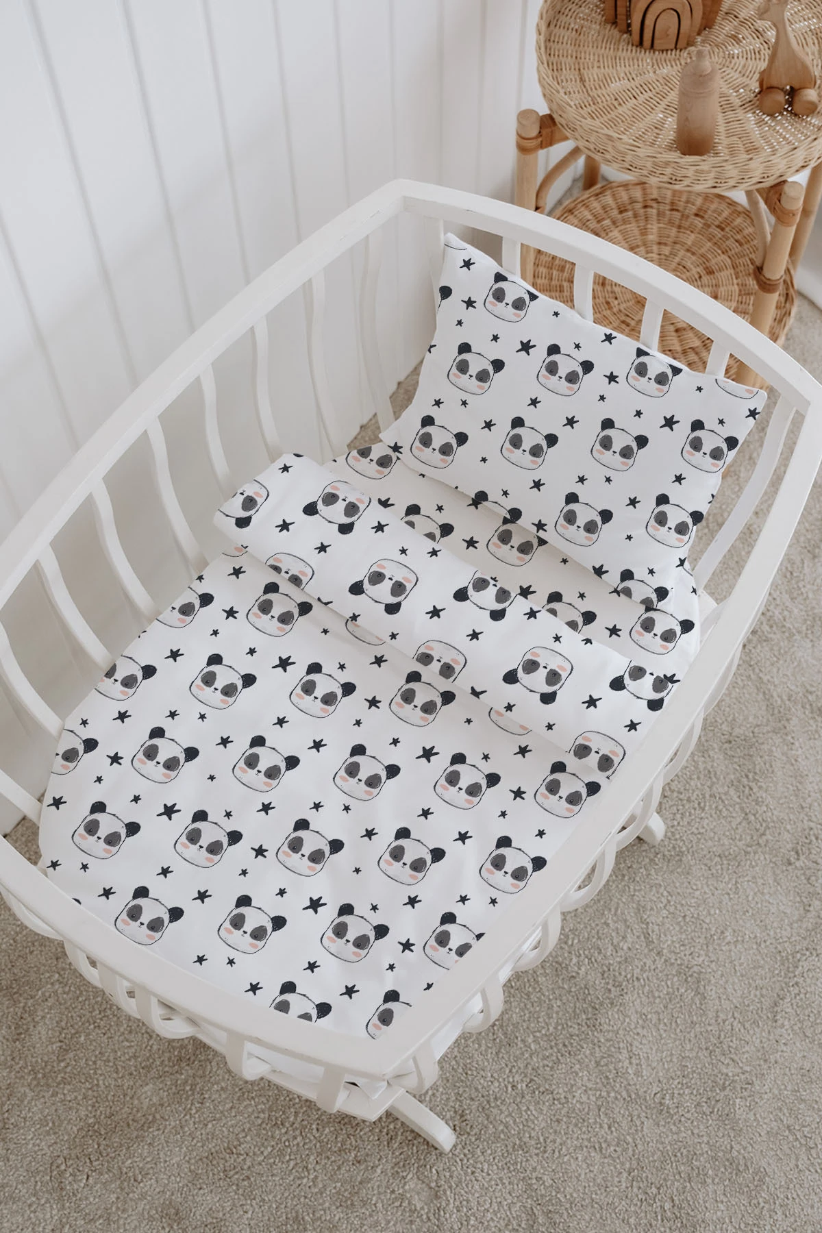 %100 Pamuklu Poplin Bebek Beşik Nevresim Seti 80x120 cm - Sevimli Panda