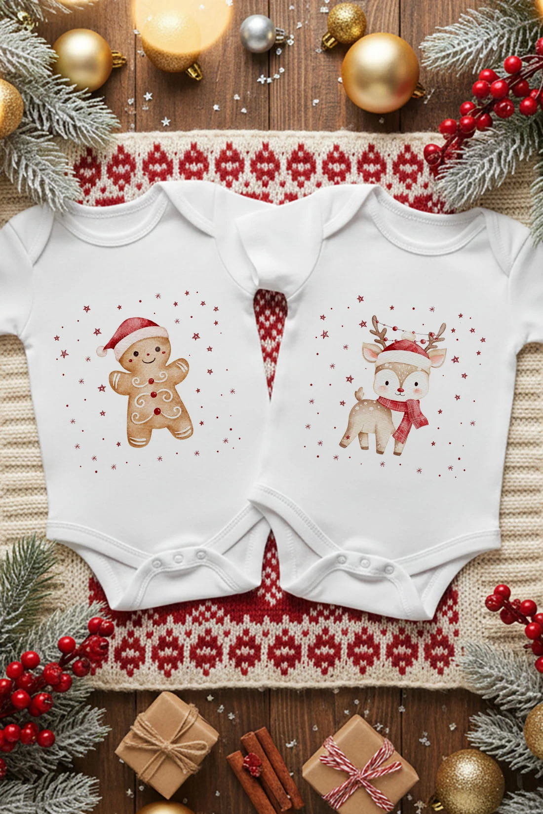  2'li Yılbaşı Temalı Baskılı Bebek Body Seti (%100 Pamuk) - Kurabiye Adam - Geyik