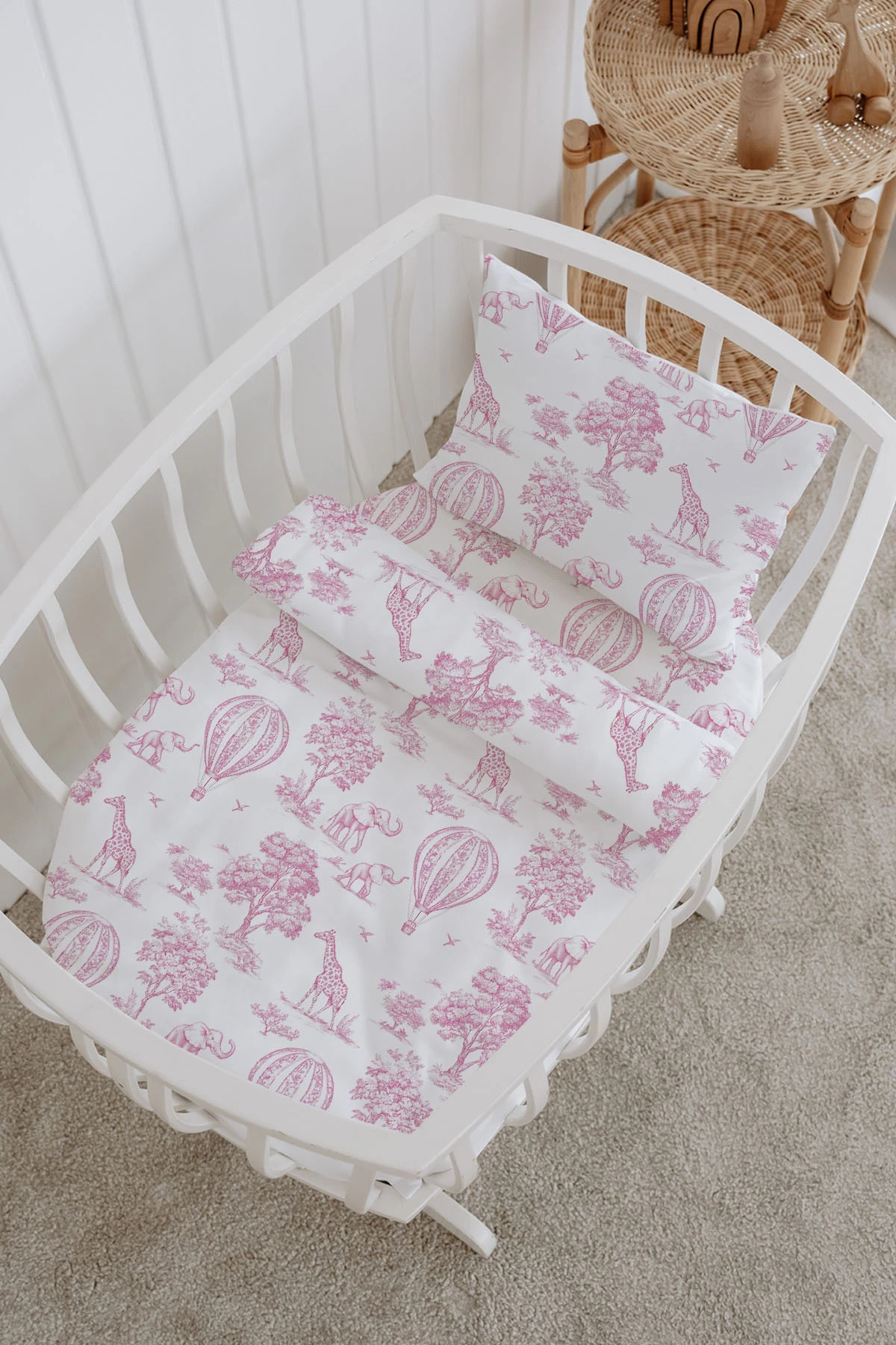 %100 Pamuklu Poplin Bebek Beşik Nevresim Seti 80x120 cm - Pink Balloon Safari