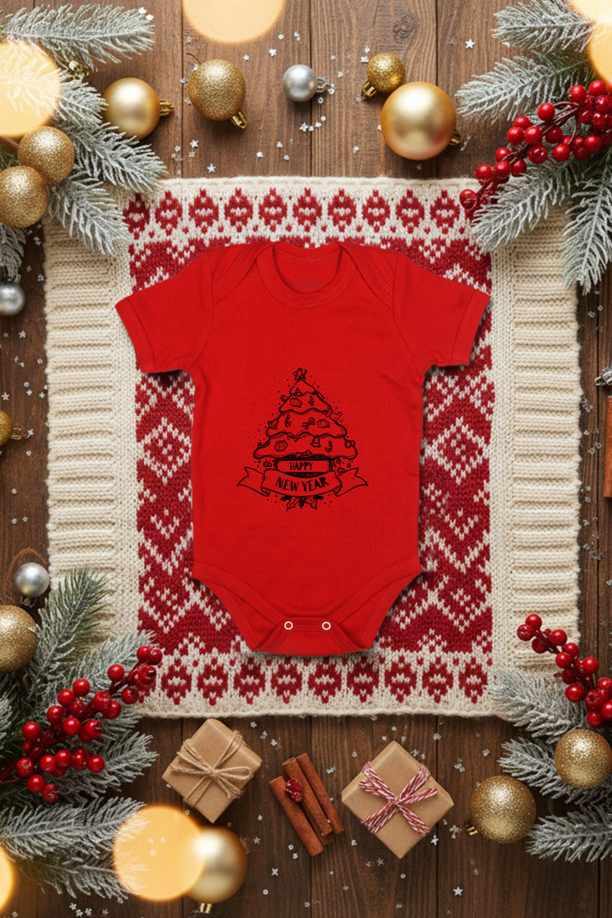 % 100 Pamuk Bebek Body Happy New Year Desen