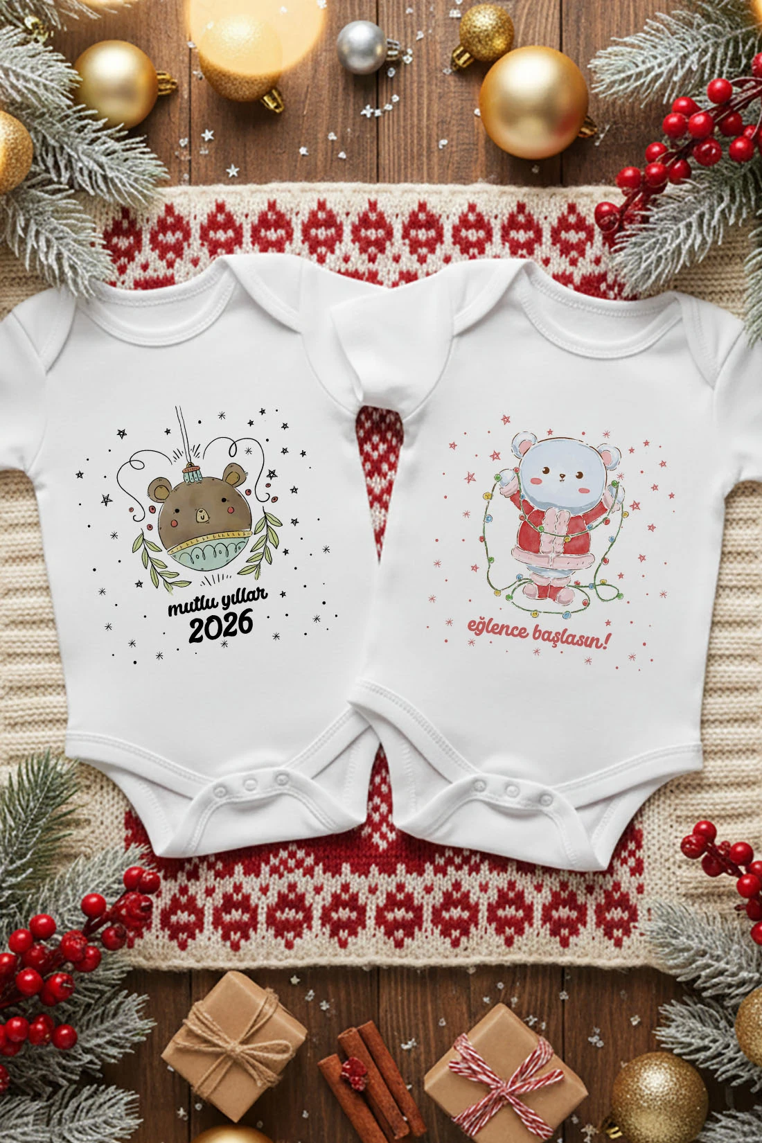  2'li Yılbaşı Temalı Baskılı Bebek Body Seti (%100 Pamuk) - Yeni Yıl