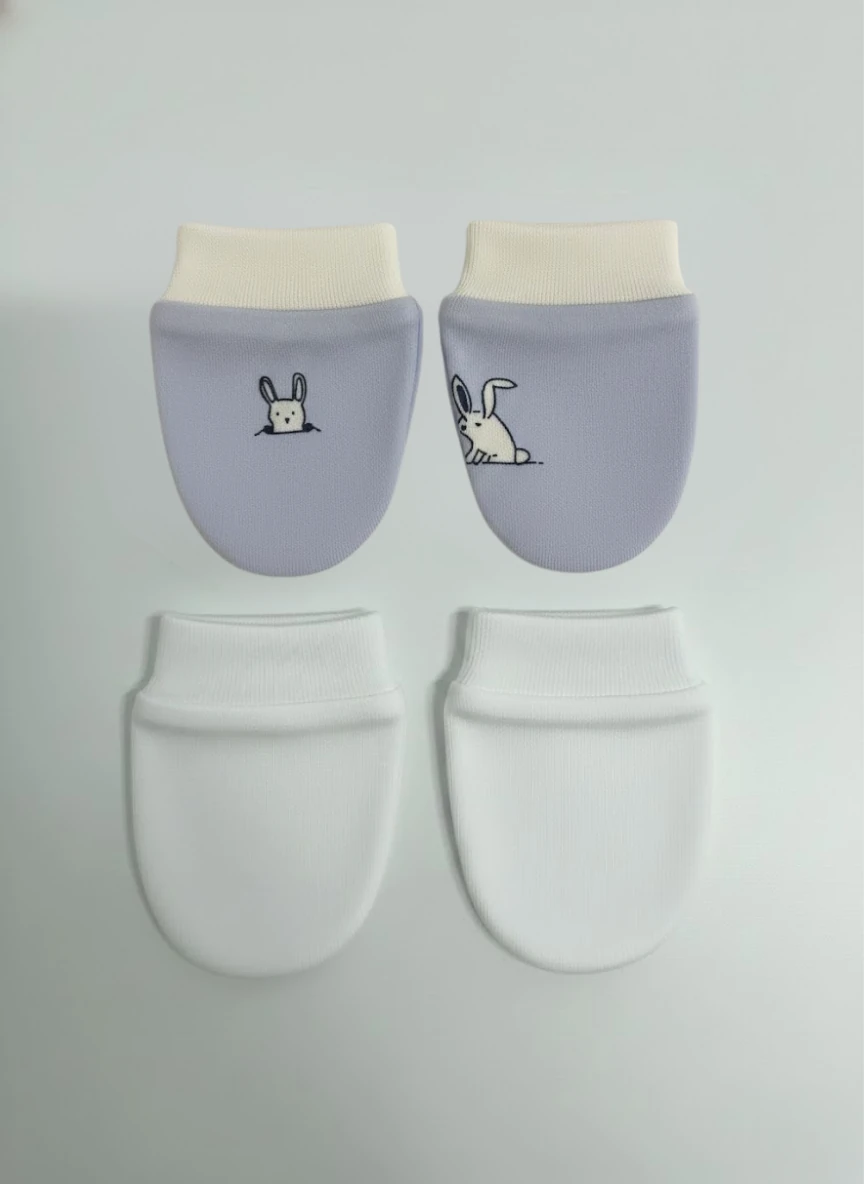 %100 Pamuk 2'li Eldiven Seti - Mavi Tavşanlar