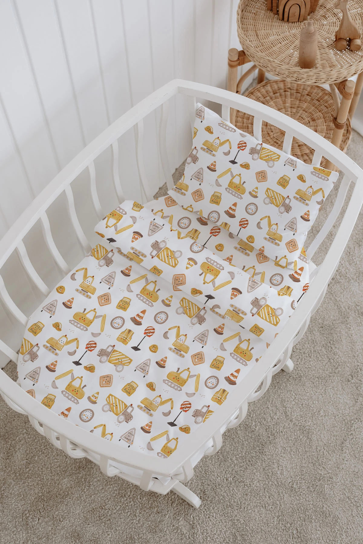 %100 Pamuklu Poplin Bebek Beşik Nevresim Seti 80x120 cm - Sevimli İş Makineleri